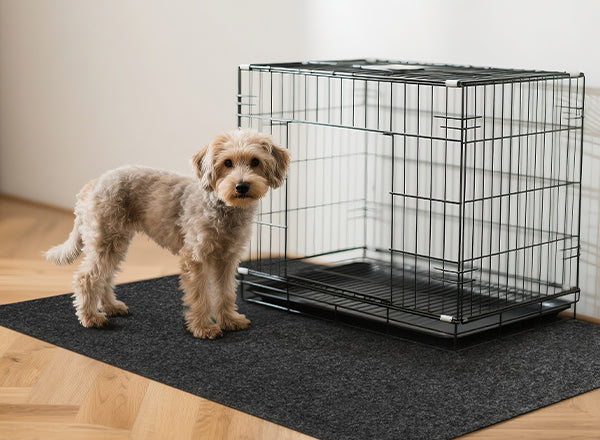 Accessory image for the WELKIN Garage Floor Mat (A1204) showing its alternative use as a pet mat placed under a metal dog kennel with a small dog standing next to it on a wooden floor.