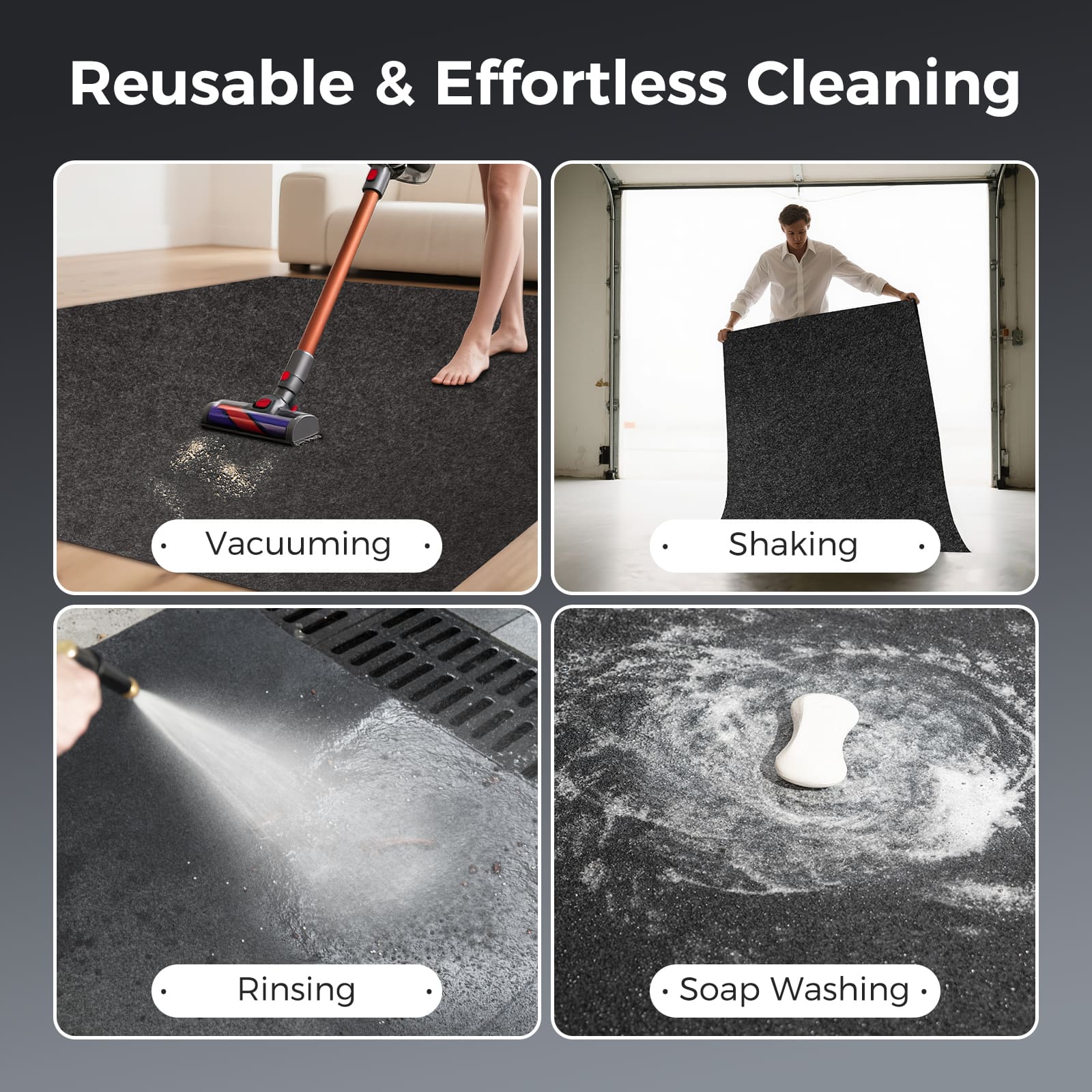 Accessory image for WELKIN Garage Floor Mat (A1204) showing four effortless cleaning methods: Vacuuming, Shaking, Rinsing with a hose, and Soap Washing, emphasizing the mat's reusability and easy maintenance.