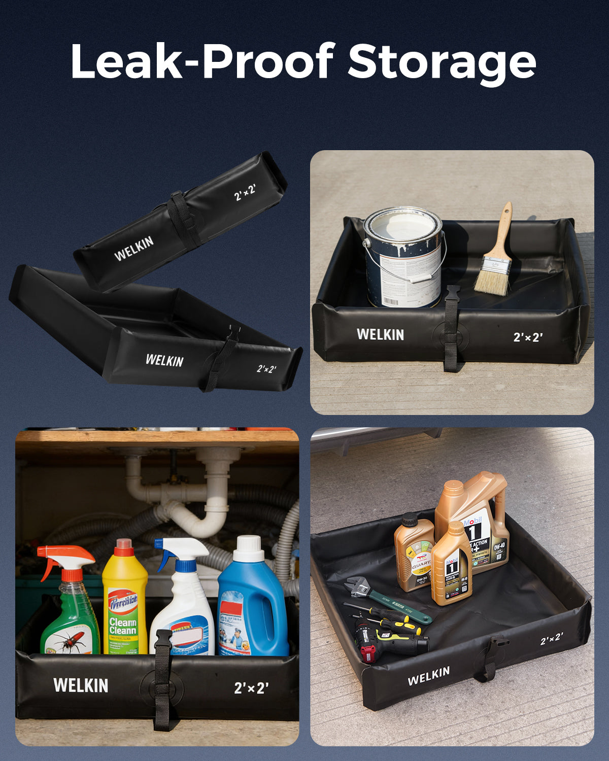 WELKIN A1401 leak-proof storage tray for tools, cleaners, paint, and automotive fluids at home