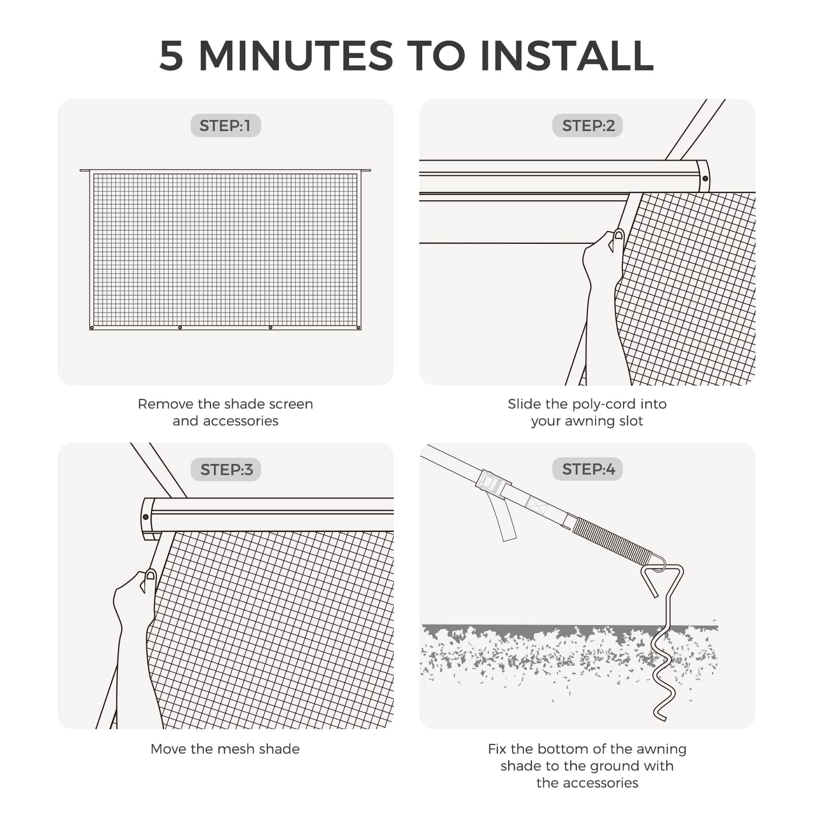 Main image for the WELKIN Front RV Awning Sun Shade Screen (A3101) showing the 4-step '5 MINUTES TO INSTALL' process: Step 1 remove items, Step 2 slide poly-cord into the awning slot, Step 3 move the shade, and Step 4 fix the bottom to the ground with accessories.