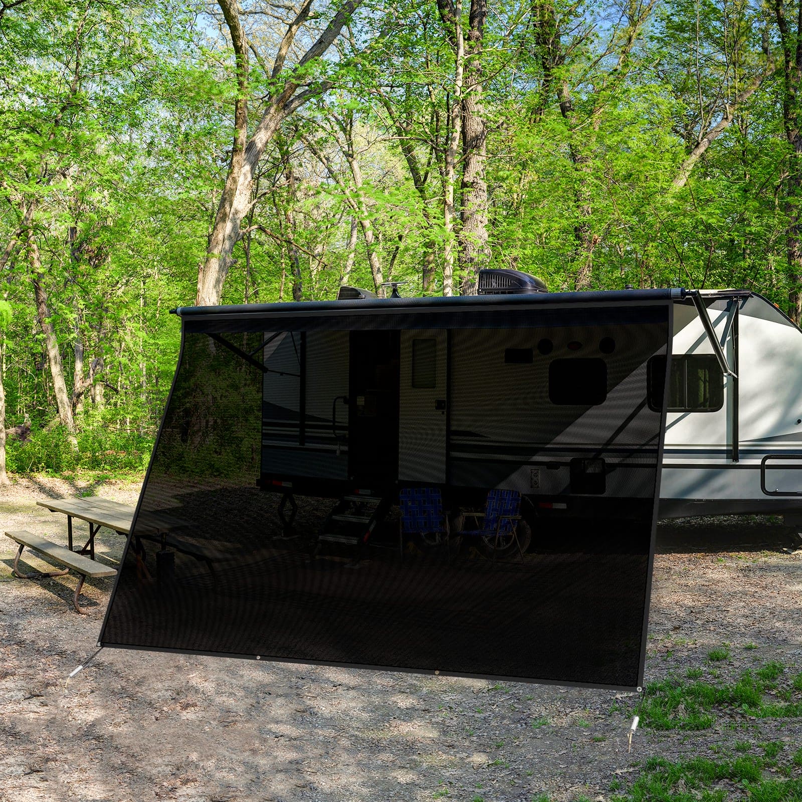 Main image for the WELKIN Front RV Awning Sun Shade Screen (A3101) showing the black mesh shade installed at a campsite, hanging from the RV's front awning to provide sun protection and a shaded outdoor area.