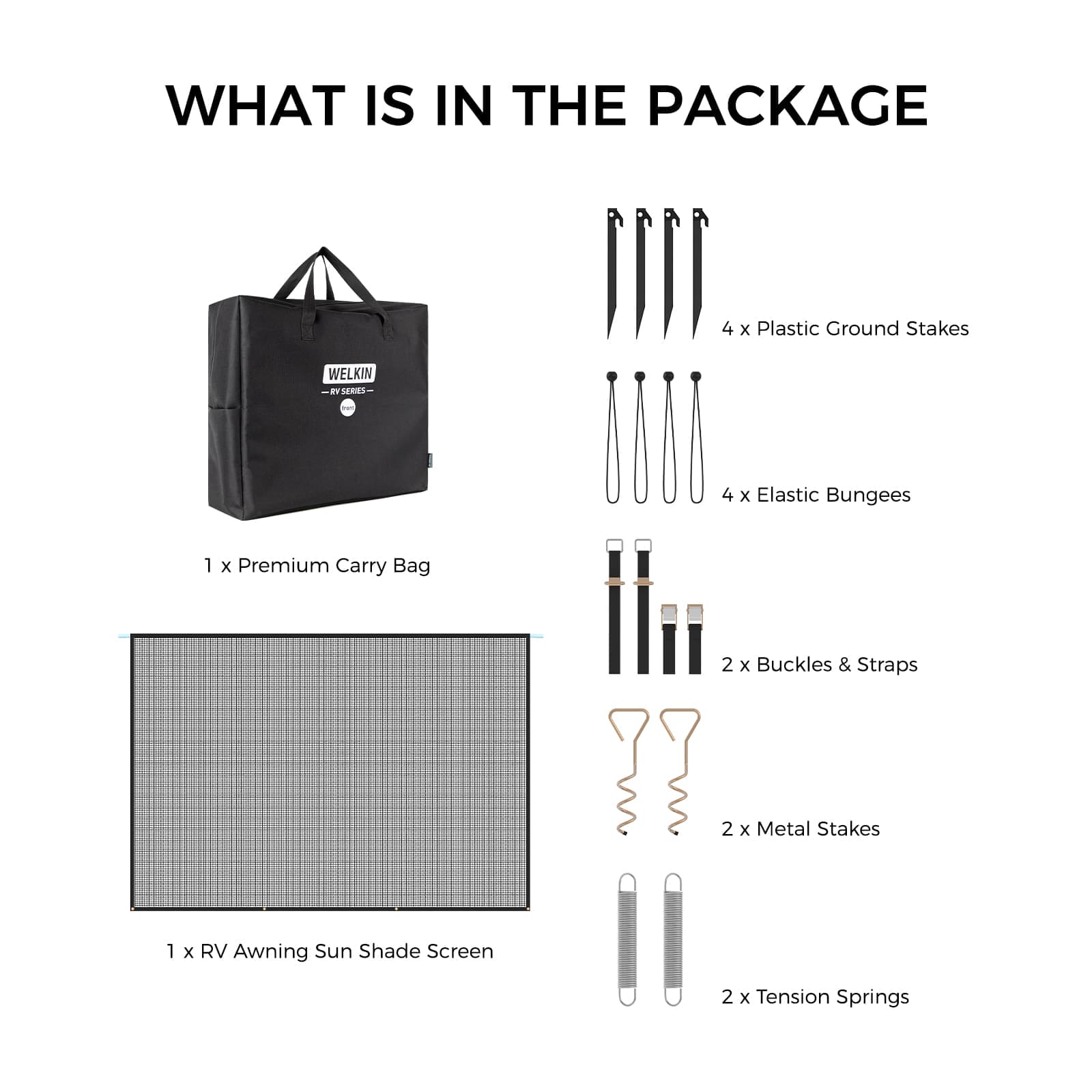 Main image for the WELKIN Front RV Awning Sun Shade Screen (A3101) showing 'WHAT IS IN THE PACKAGE,' including the RV Awning Sun Shade Screen, Premium Carry Bag, Plastic Ground Stakes, Elastic Bungees, Buckles & Straps, Metal Stakes, and Tension Springs.