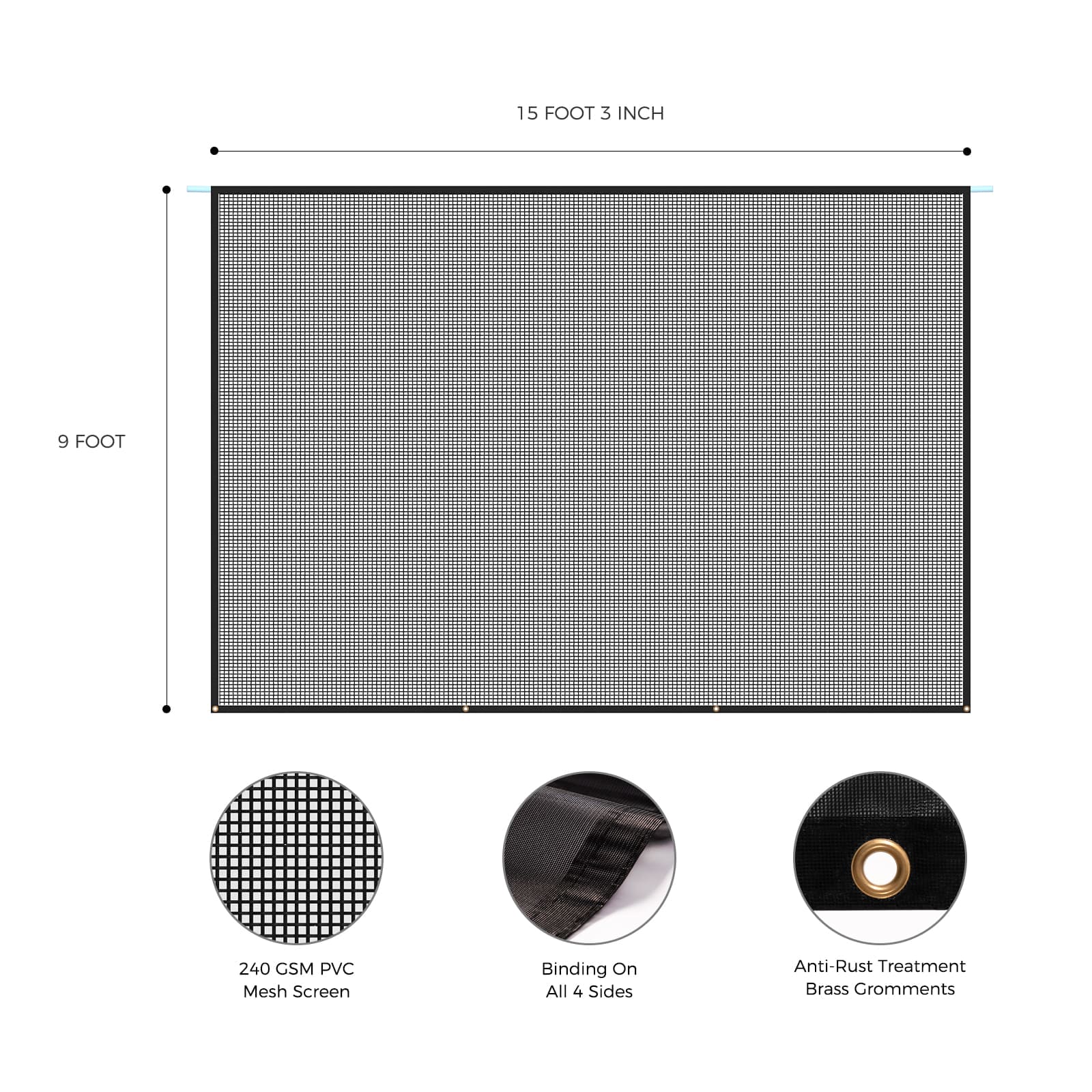 Main image for the WELKIN Front RV Awning Sun Shade Screen (A3101) showing dimensions (15 FOOT 3 INCH wide x 9 FOOT high) and product details: 240 GSM PVC Mesh Screen, Binding On All 4 Sides, and Anti-Rust Treatment Brass Grommets.