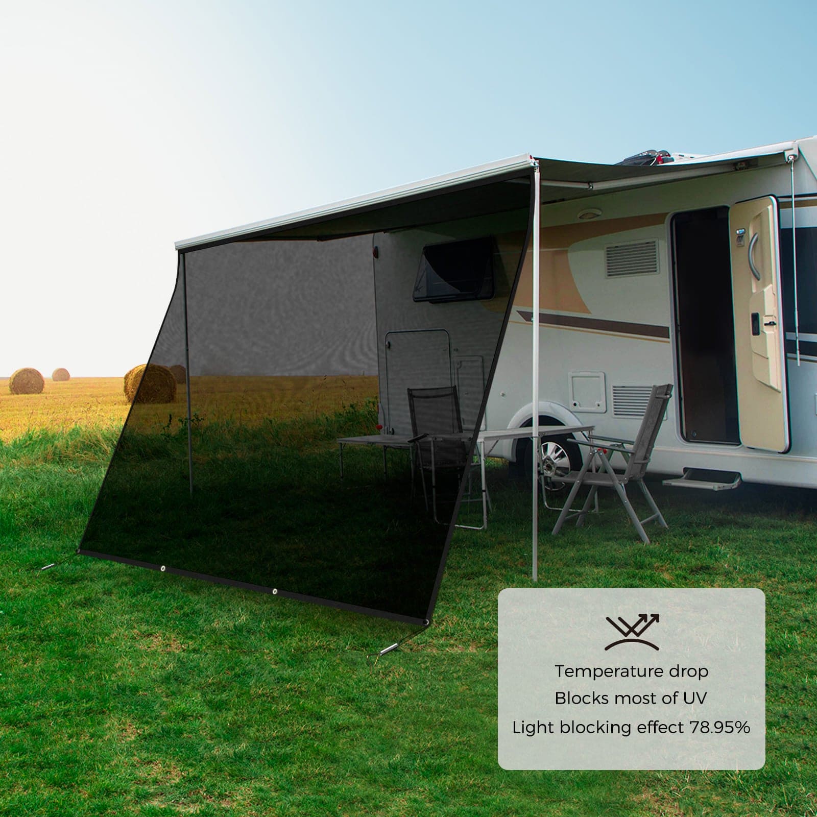 Main image for the WELKIN Front RV Awning Sun Shade Screen (A3101), installed on an RV, highlighting its features: Temperature drop, Blocks most of UV, and Light blocking effect 78.95%.