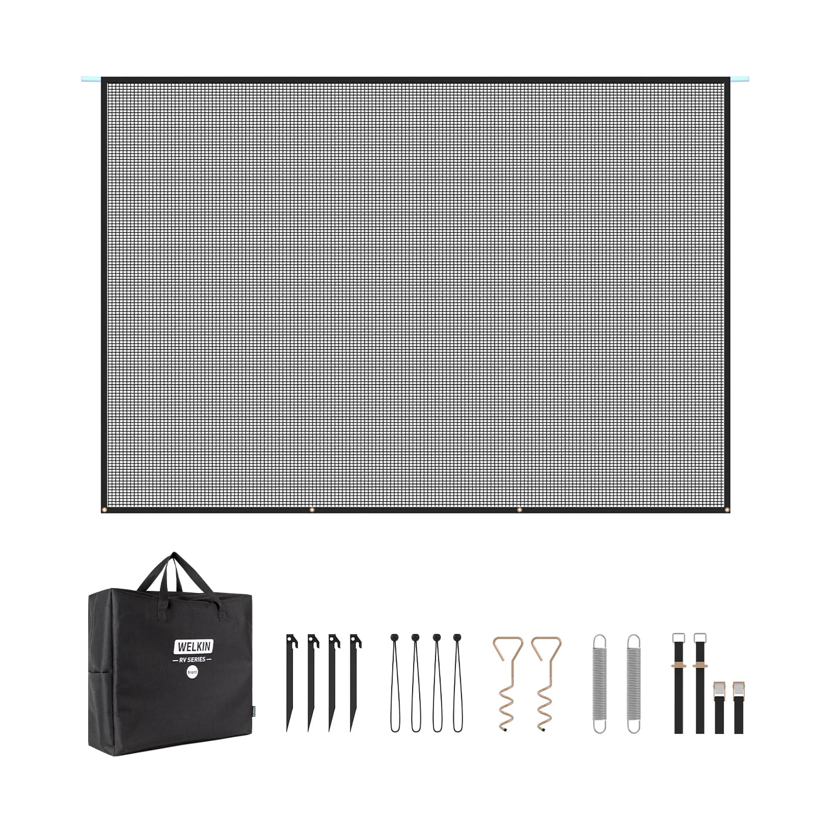WELKIN Front RV Awning Sun Shade Screen (A3101) main product image on a white background, showing the full black mesh screen and all included components such as the carry bag, stakes, bungees, and hardware.
