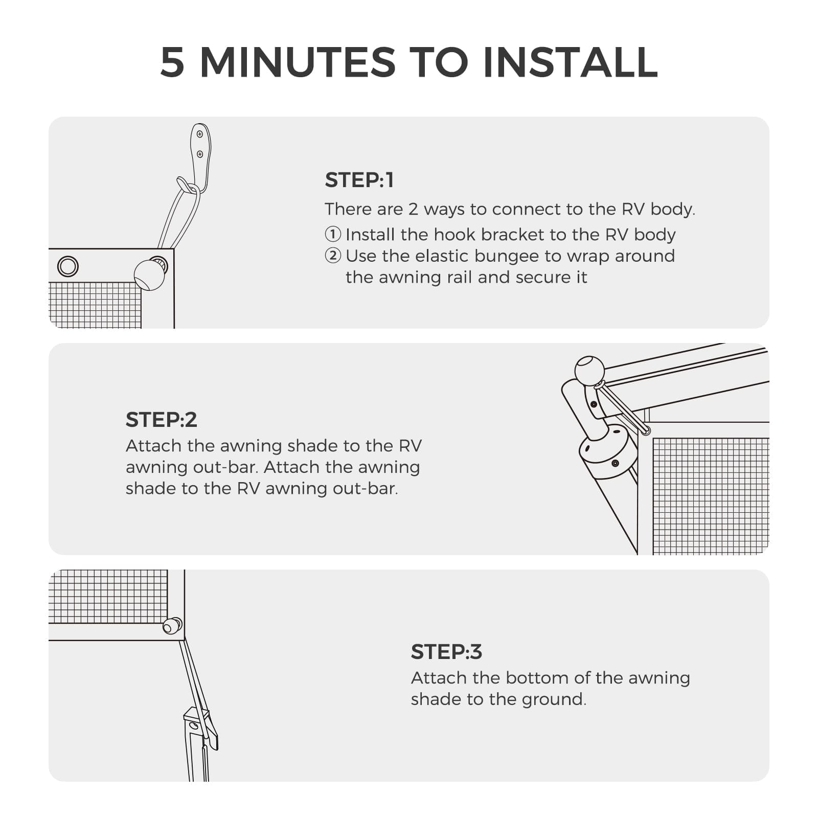 Accessory image for the WELKIN Side RV Awning (A3201) with '5 MINUTES TO INSTALL' steps: Step 1 shows two ways to connect to the RV body (hook bracket or elastic bungee), Step 2 attaches the shade to the awning out-bar, and Step 3 attaches the bottom to the ground.