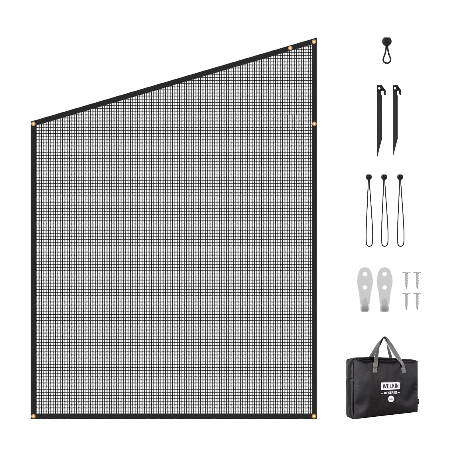 Accessory image for the WELKIN Side RV Awning Sun Shade Screen (A3201) showing 'WHAT IS IN THE PACKAGE,' including the 7x8 FT RV Awning Sun Shade Screen, Premium Carry Bag, Short and Long Elastic Bungees, Plastic Ground Stakes, and Metal Stakes.