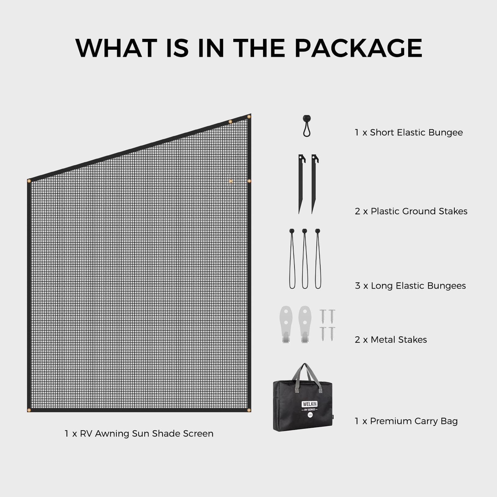 Accessory image for the WELKIN Side RV Awning Sun Shade Screen (A3201) showing 'WHAT IS IN THE PACKAGE,' including the RV Awning Sun Shade Screen, Premium Carry Bag, Short and Long Elastic Bungees, Plastic Ground Stakes, and Metal Stakes.