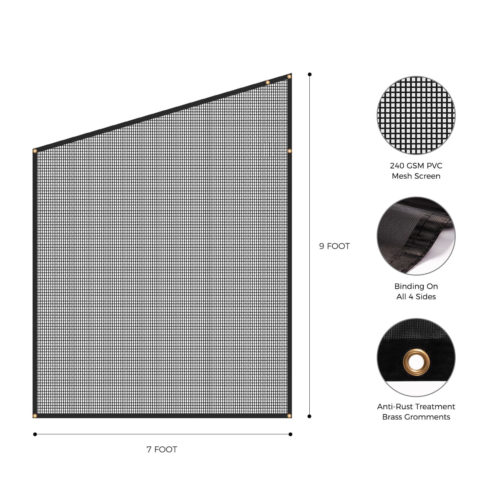 Accessory image for the WELKIN Side RV Awning (A3201) showing dimensions (7 FOOT wide x 9 FOOT high) and product details: 240 GSM PVC Mesh Screen, Binding On All 4 Sides, and Anti-Rust Treatment Brass Grommets.