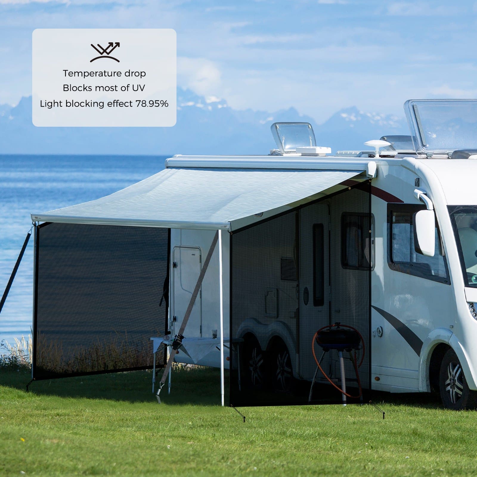 Accessory image for the WELKIN Side RV Awning (A3201) installed on an RV by the sea, emphasizing its ability to cause a 'Temperature drop,' 'Blocks most of UV,' and provides a 'Light blocking effect 78.95%'.