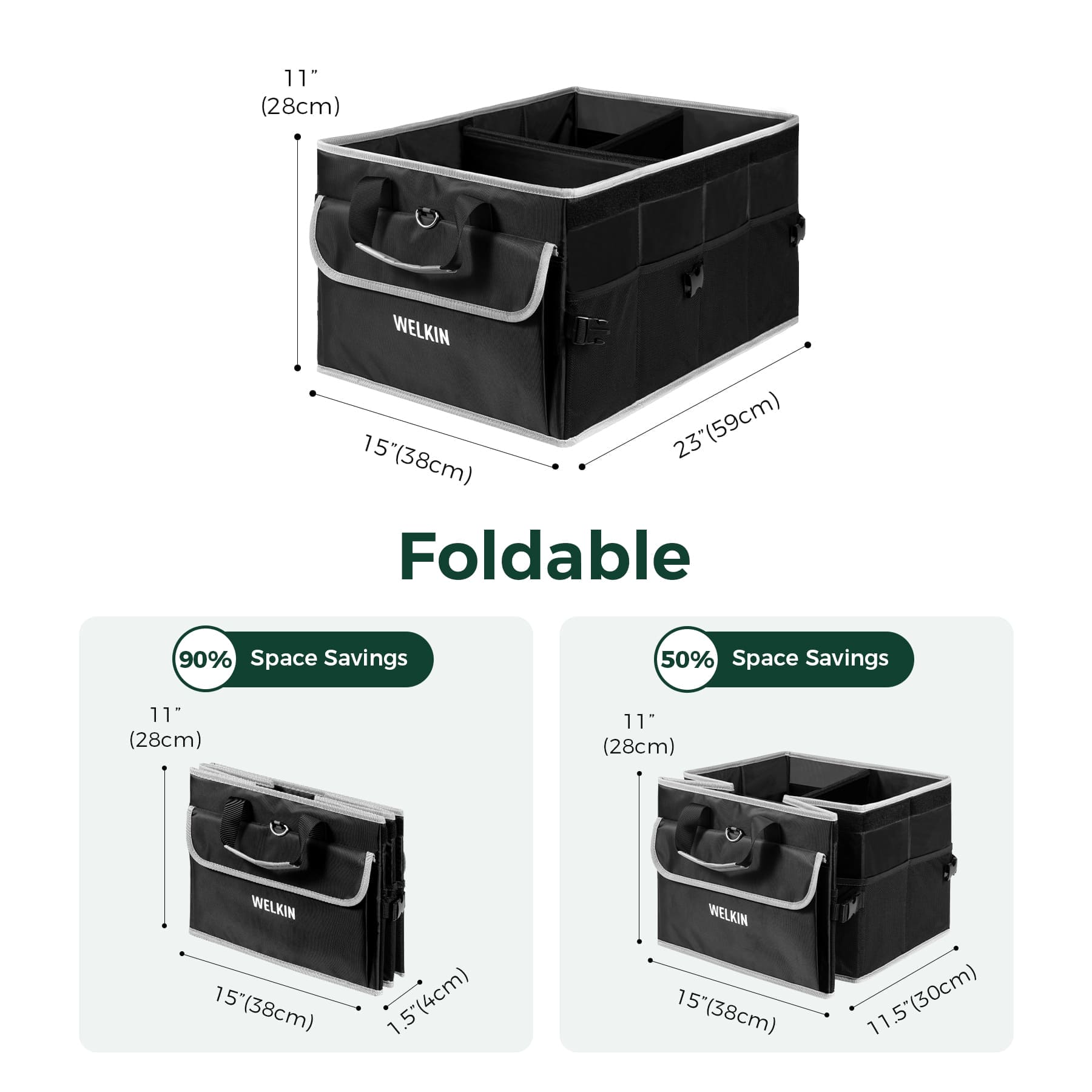 Accessory image for the WELKIN Car Trunk Organizer (A4101), showcasing its foldable function and detailed product dimensions for car storage.
