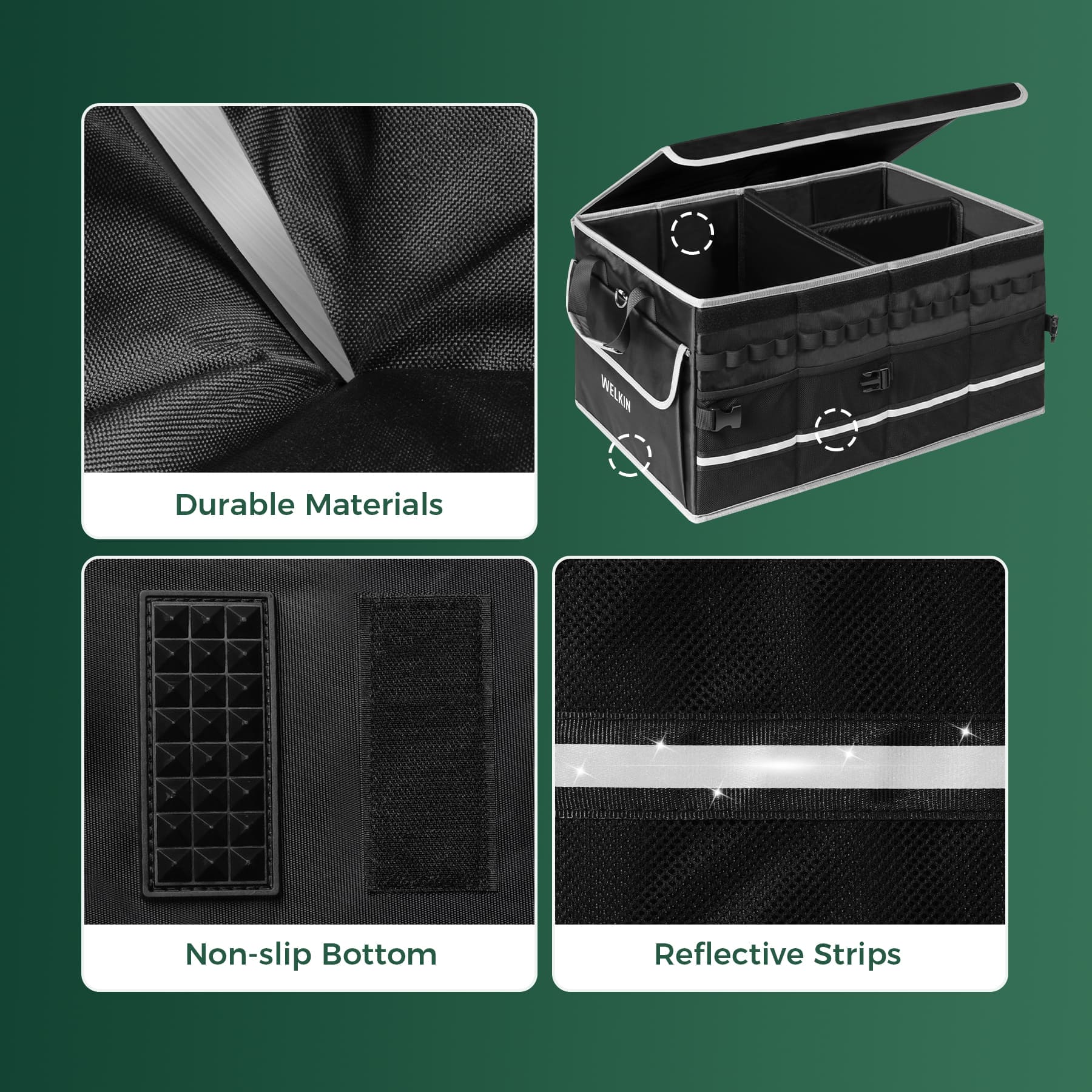 Accessory image for the WELKIN Car Trunk Organizer (A4101), showcasing its durable material, structured compartments, and included parts for car storage.