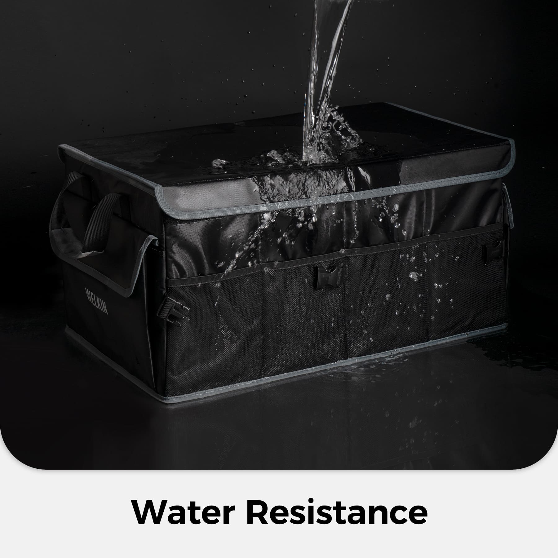 Accessory image for the WELKIN Car Trunk Organizer (A4101), showcasing the durable, waterproof material, with water beading on the surface to protect the car trunk.