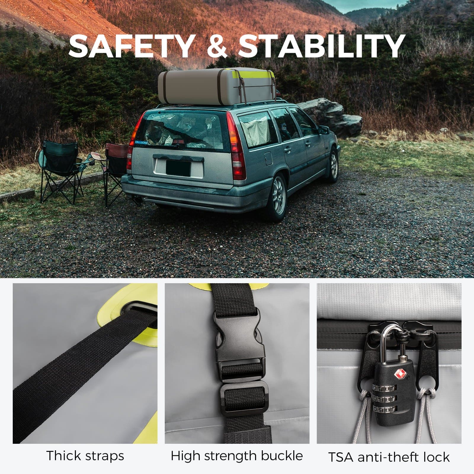 Accessory image for the WELKIN Car Roof Bag (A4201), highlighting its safety and stability features: thick straps, high-strength buckles, and TSA anti-theft lock, shown on a car roof in an outdoor setting.