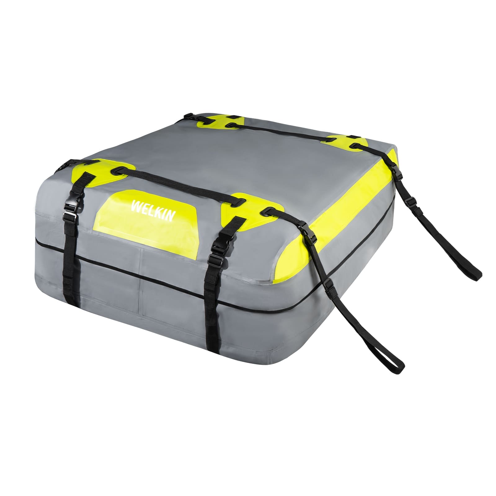 Feature image for the WELKIN Car Roof Bag (A4201). A large, waterproof roof cargo bag in gray with yellow accents, secured with multiple black adjustable straps and buckles.