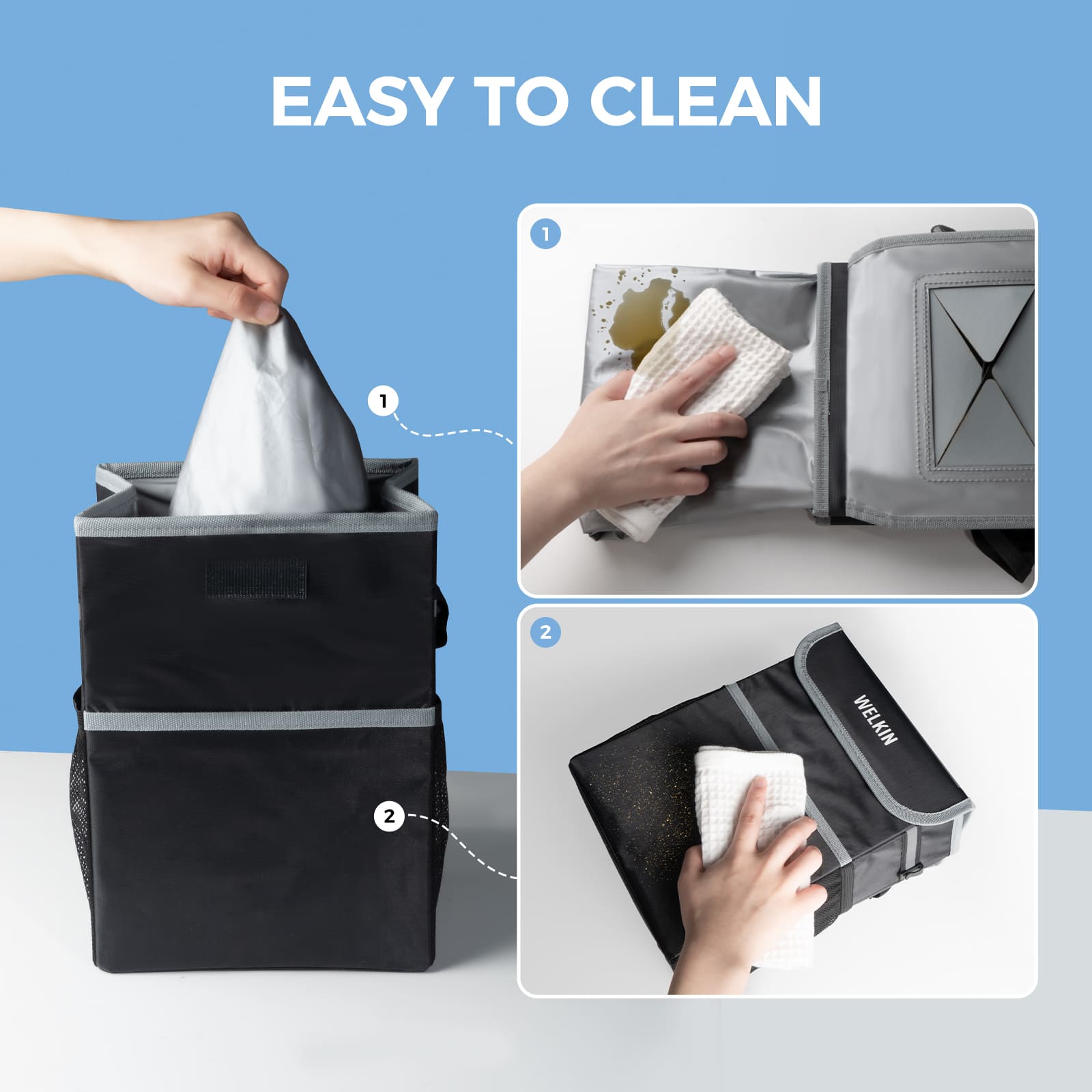 Accessory image for the WELKIN Trash Can (A4301) showing its Easy to Clean feature, demonstrating wiping the waterproof inner liner (for oil/liquid spills) and wiping dirt from the exterior.