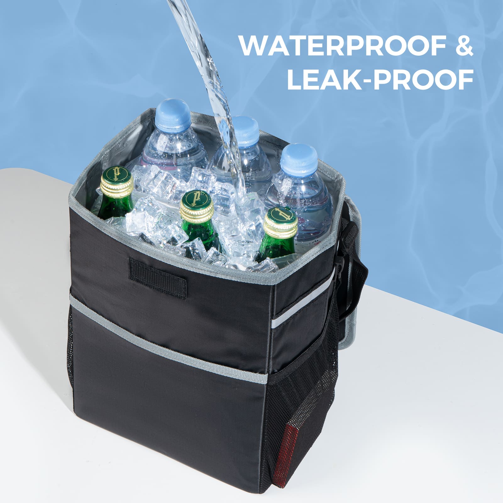 Accessory image for the WELKIN Trash Can (A4301) demonstrating its waterproof and leak-proof function as an insulated cooler, holding ice and beverages while water is poured in.