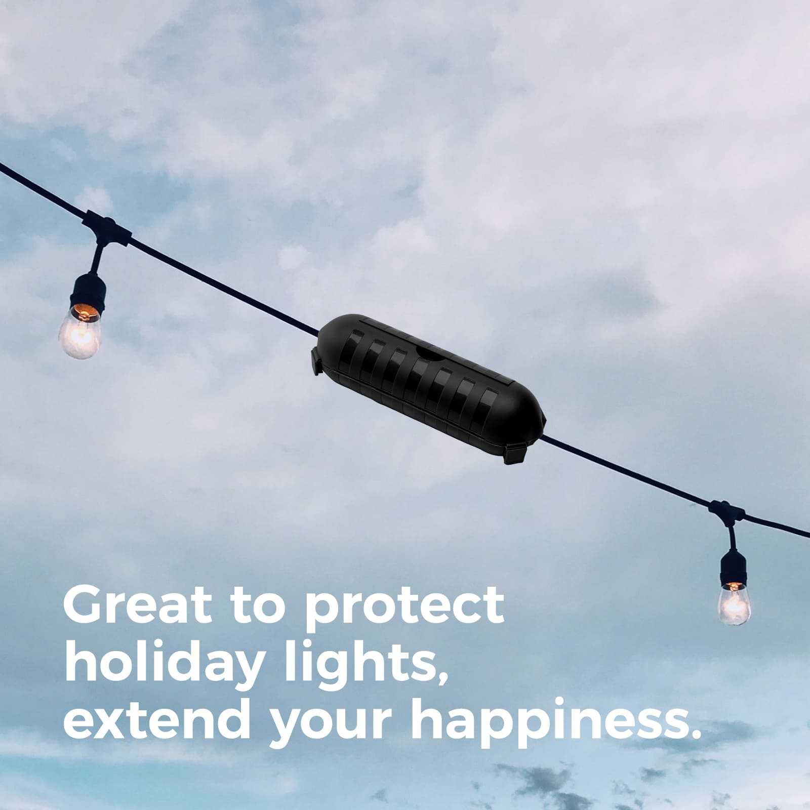 Accessory image for the WELKIN Extension Cord Cover (R1101). A black cover protecting the connection of outdoor holiday string lights against a sky background.