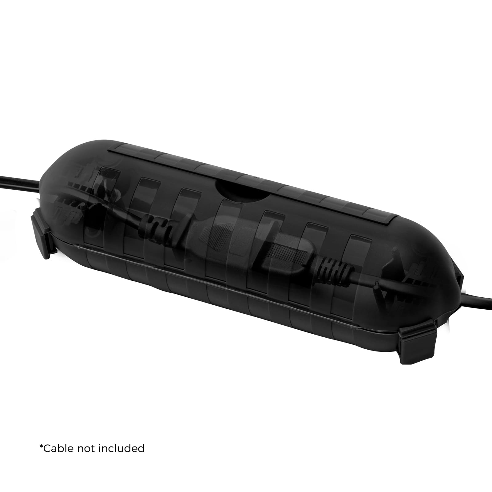 Feature image for the WELKIN Extension Cord Cover (R1101). A black, weatherproof housing securely protecting an outdoor electrical cord connection inside.