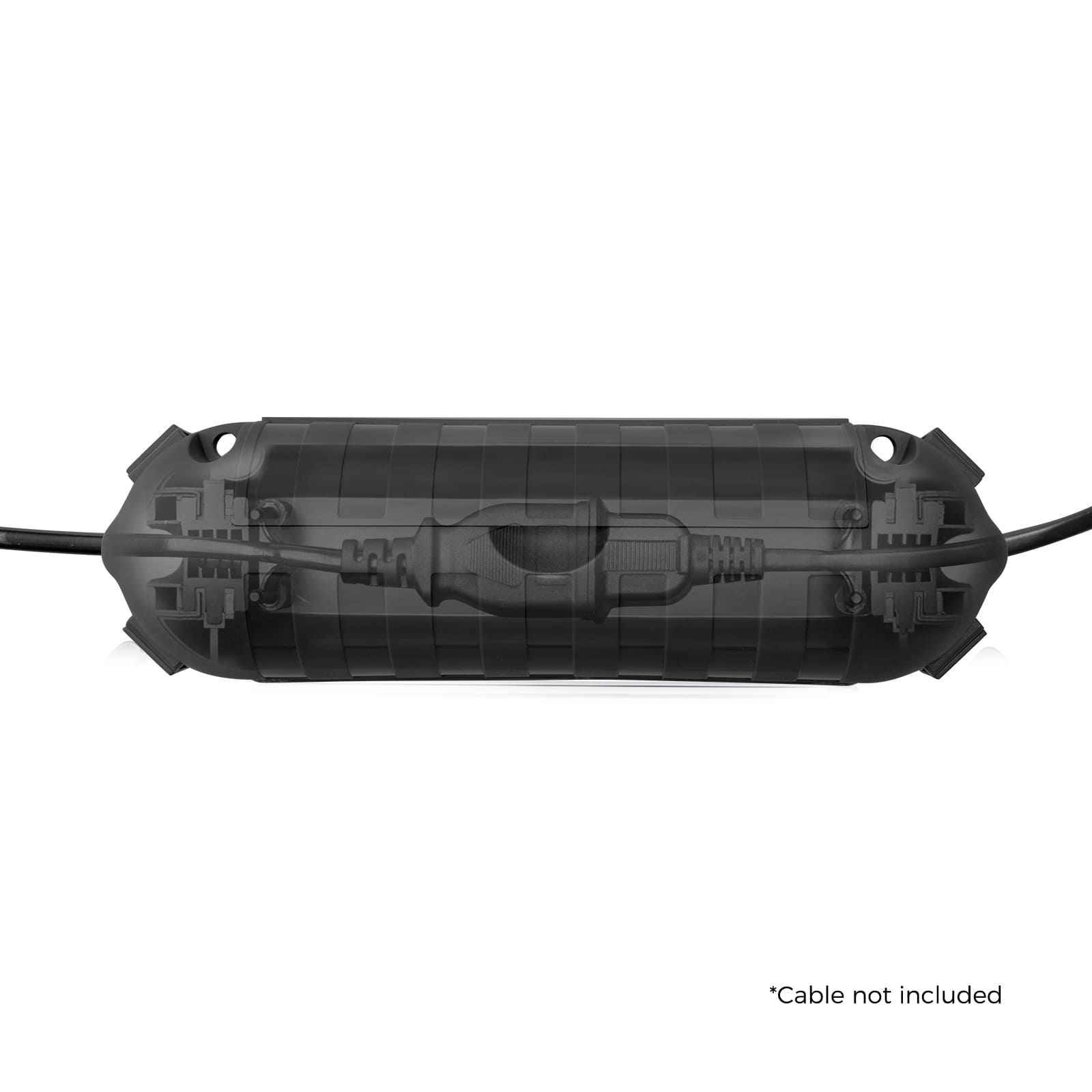 Feature image for the WELKIN Extension Cord Cover (R1101). A black, weatherproof housing securely protecting an outdoor electrical cord connection inside.
