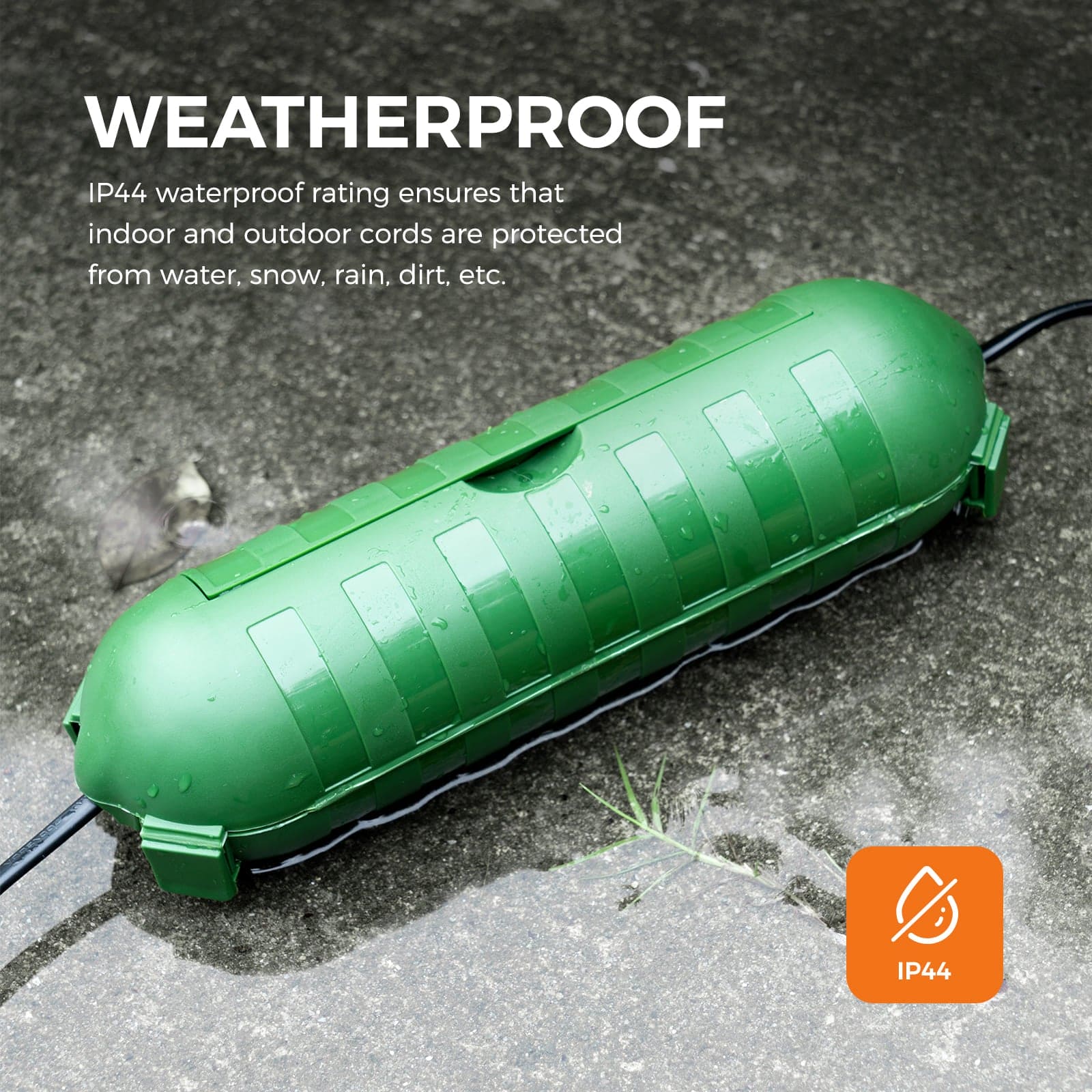 Accessory image for the WELKIN Extension Cord Cover (R1102). A green cover demonstrating its IP44 weatherproof rating on a wet ground, protecting indoor and outdoor cords from water, snow, and rain.