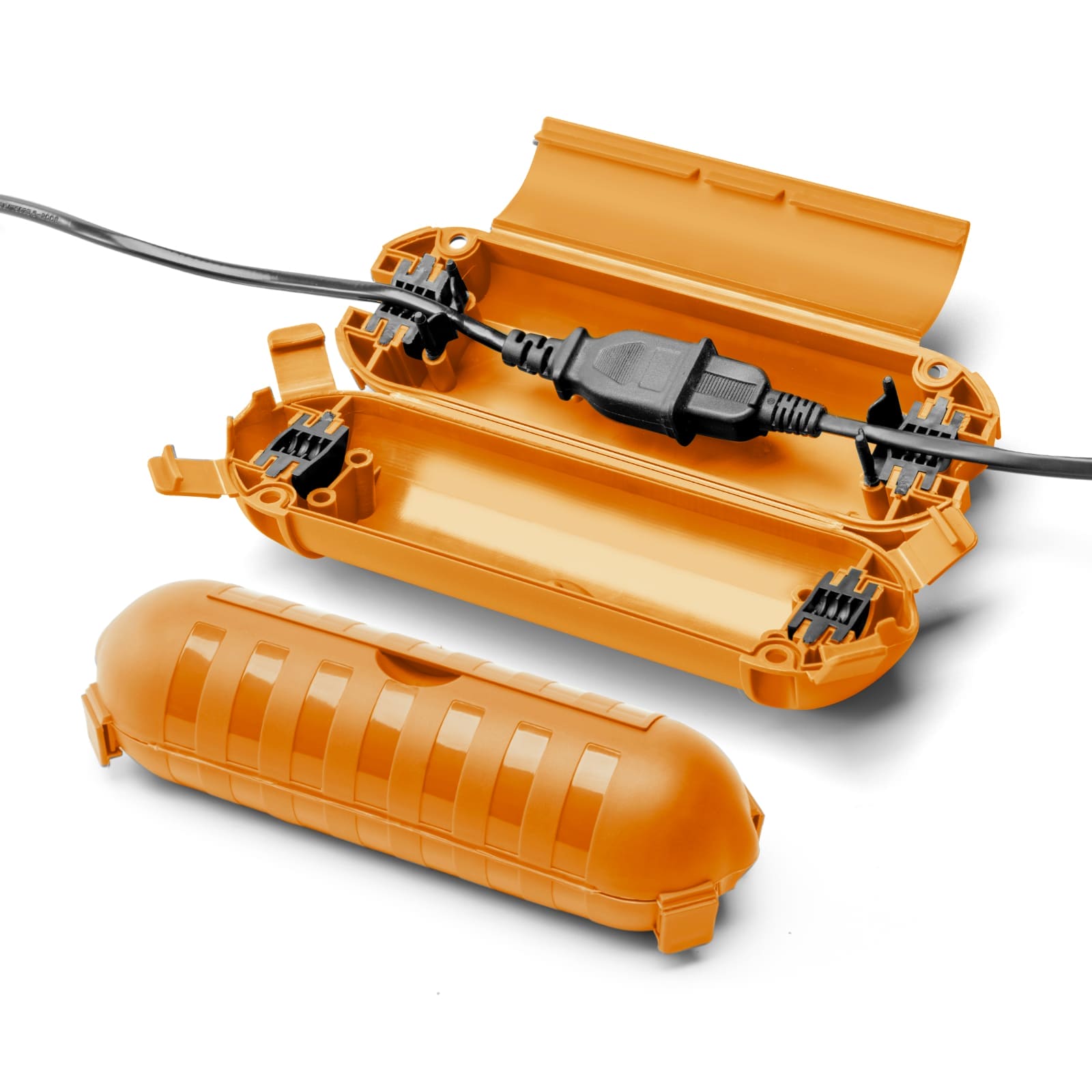 Accessory image for the WELKIN Extension Cord Cover (R1103), showing the orange housing in both open (with cord connected) and closed positions to demonstrate its structure and usage.