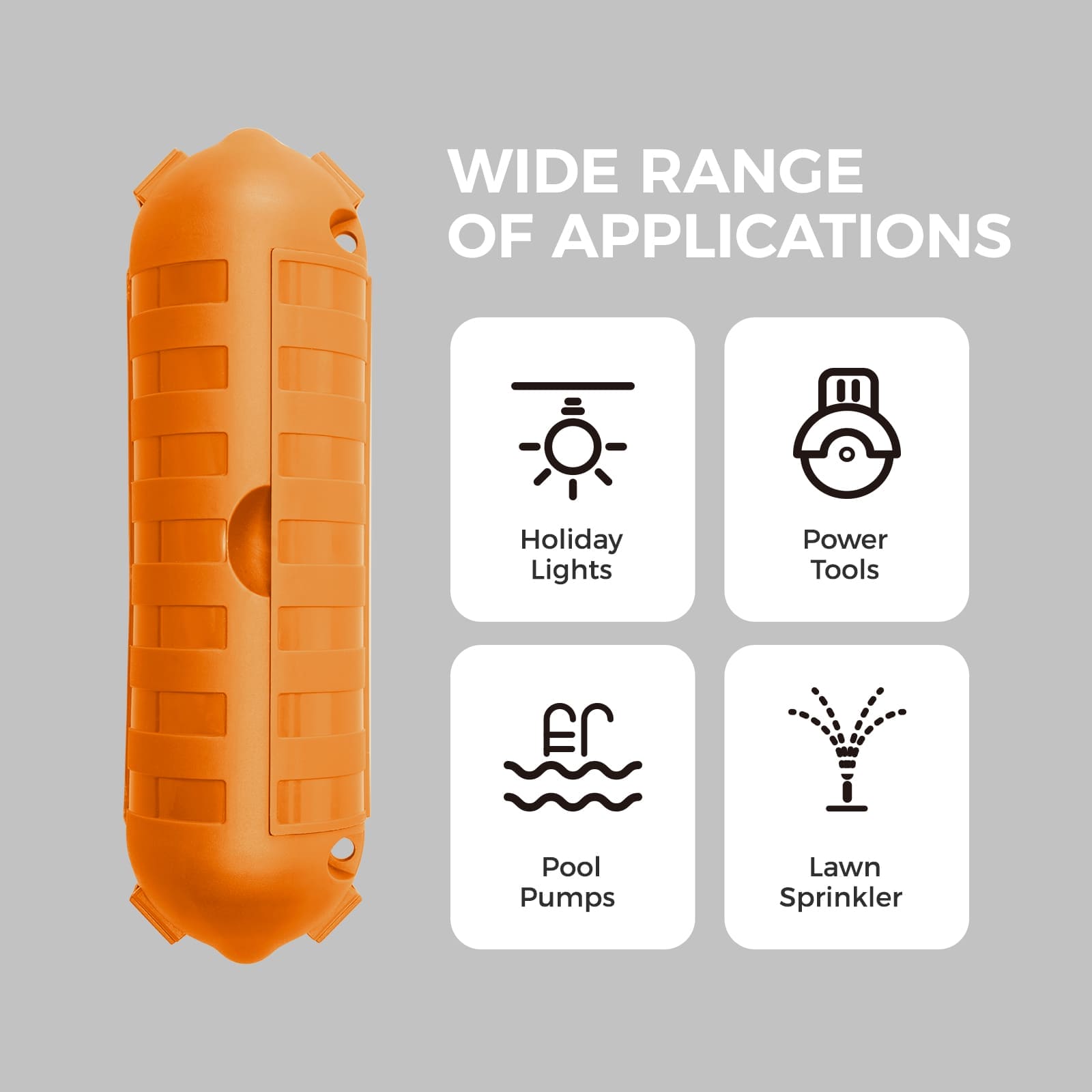 Accessory image for the WELKIN Extension Cord Cover (R1103), showing its wide range of applications for protecting electrical connections for holiday lights, power tools, pool pumps, and lawn sprinklers.