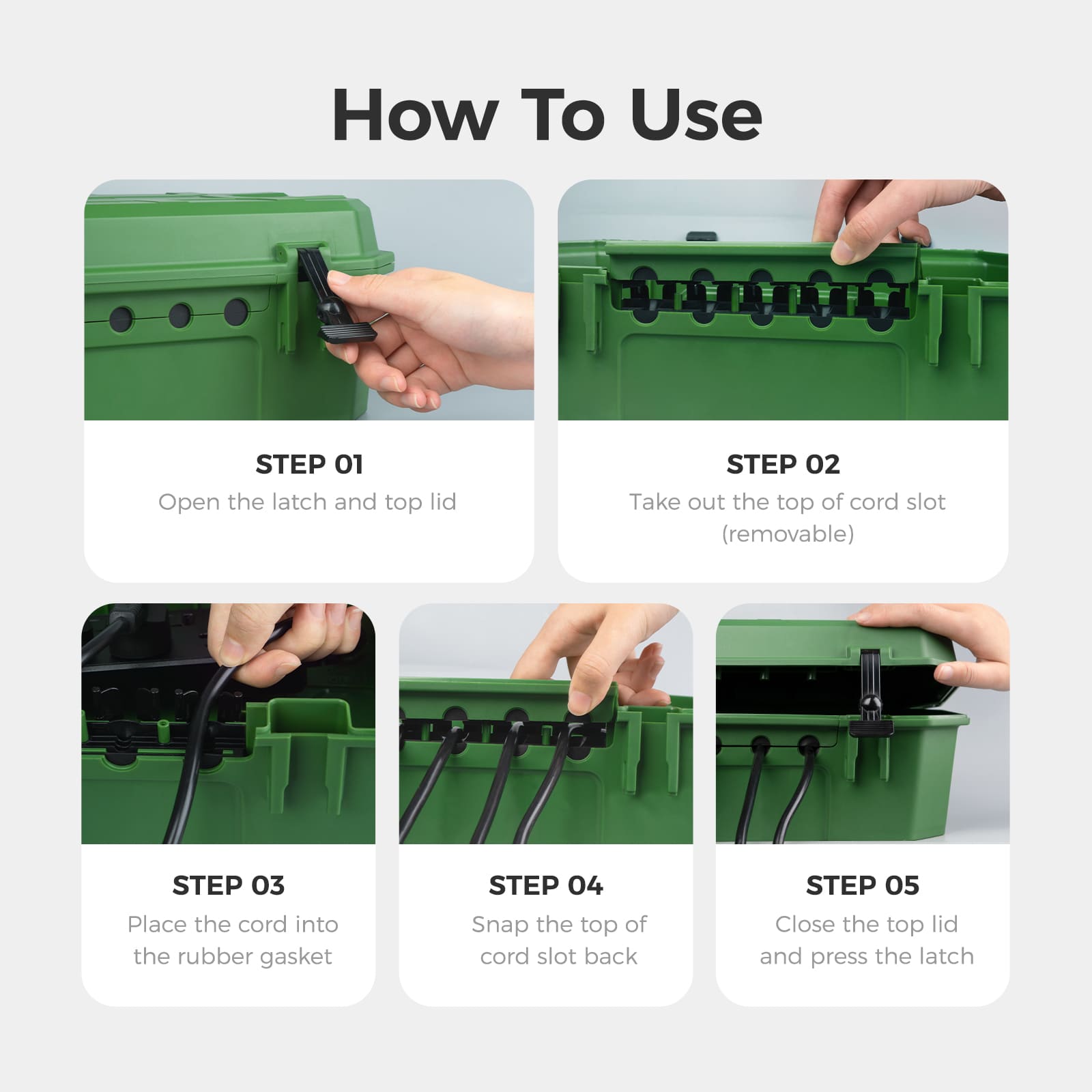 Accessory image for the WELKIN Outdoor Connection Box (R1105). A 5-step guide on how to use the green connection box: open the latch, remove the cord slot top, place the cord into the rubber gasket, snap the slot back, and close the lid.