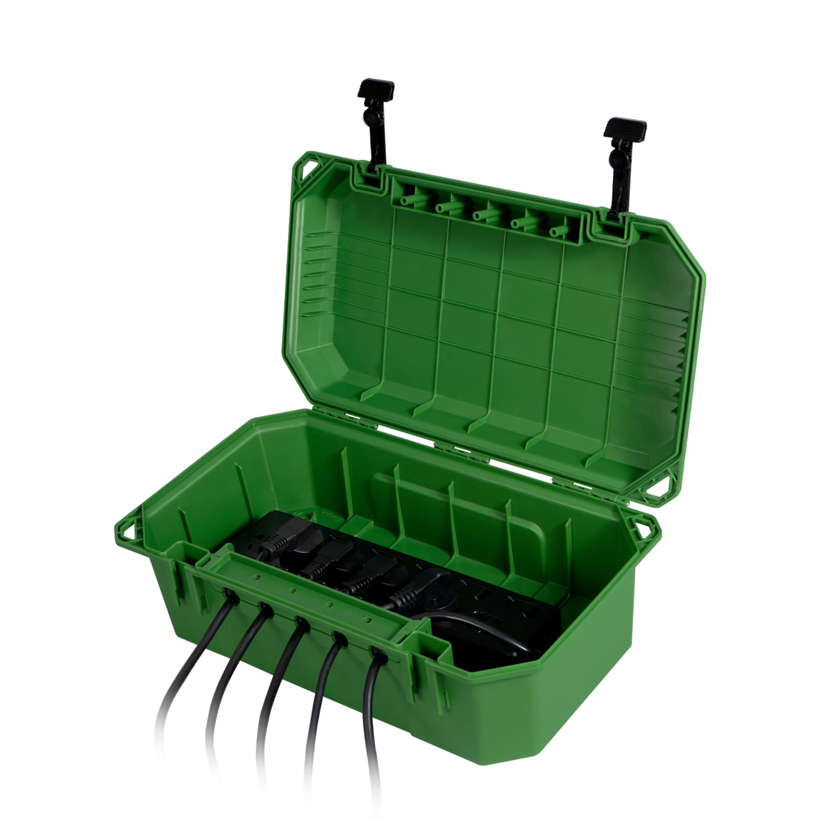 Accessory image for the WELKIN Outdoor Connection Box (R1105). A green box shown open, demonstrating its capacity to protect a power strip and multiple cord connections inside, with cords exiting the bottom cable ports.