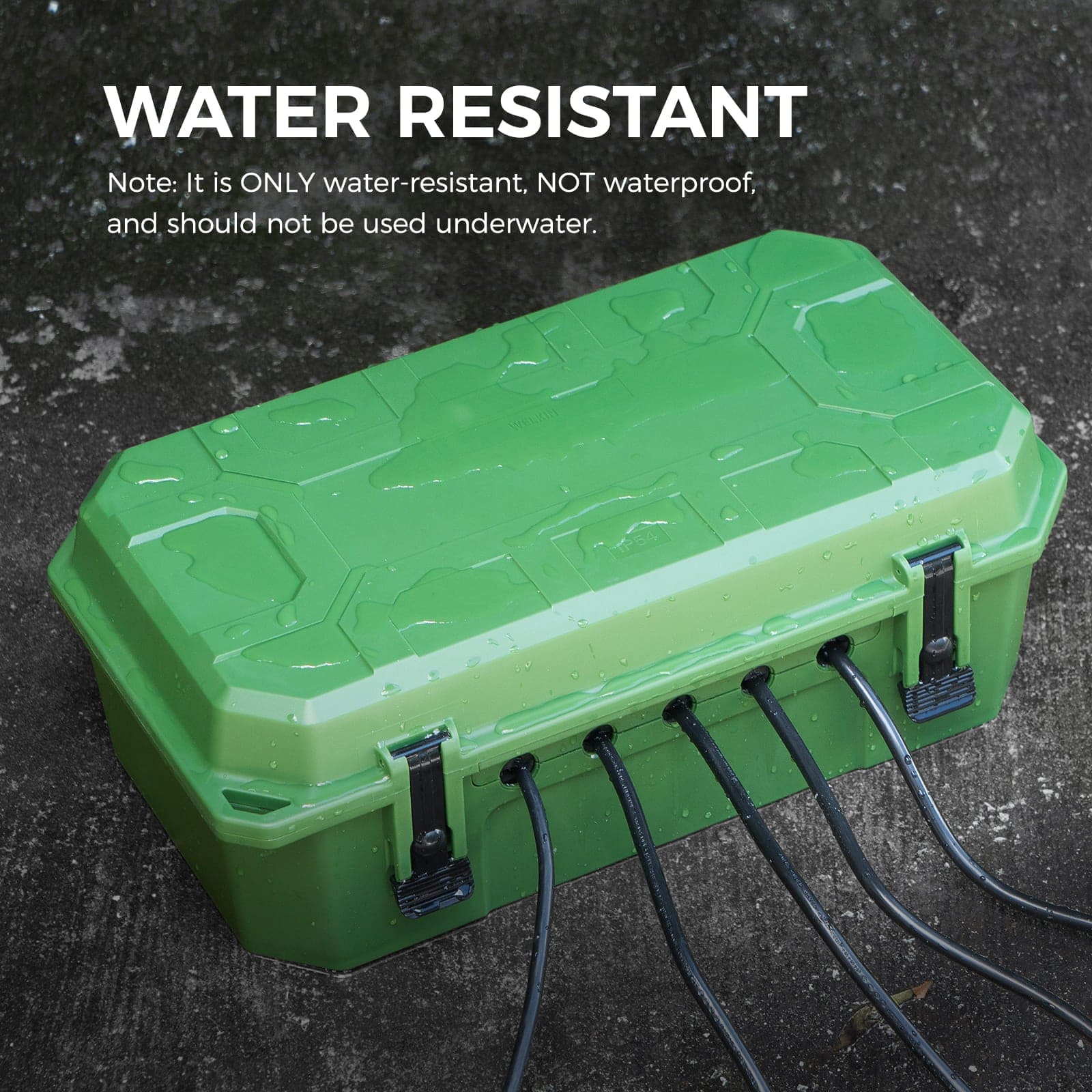 Accessory image for the WELKIN Outdoor Connection Box (R1105). A green, water-resistant box on a wet ground, protecting outdoor cords from rain and splash, with a note that it is not fully waterproof.
