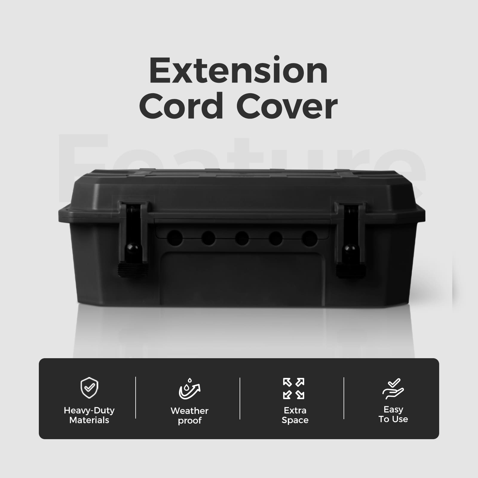 Accessory image for the WELKIN Outdoor Connection Box (R1106). A black box highlighting key features: heavy-duty materials, weatherproof protection, extra internal space, and easy-to-use design.