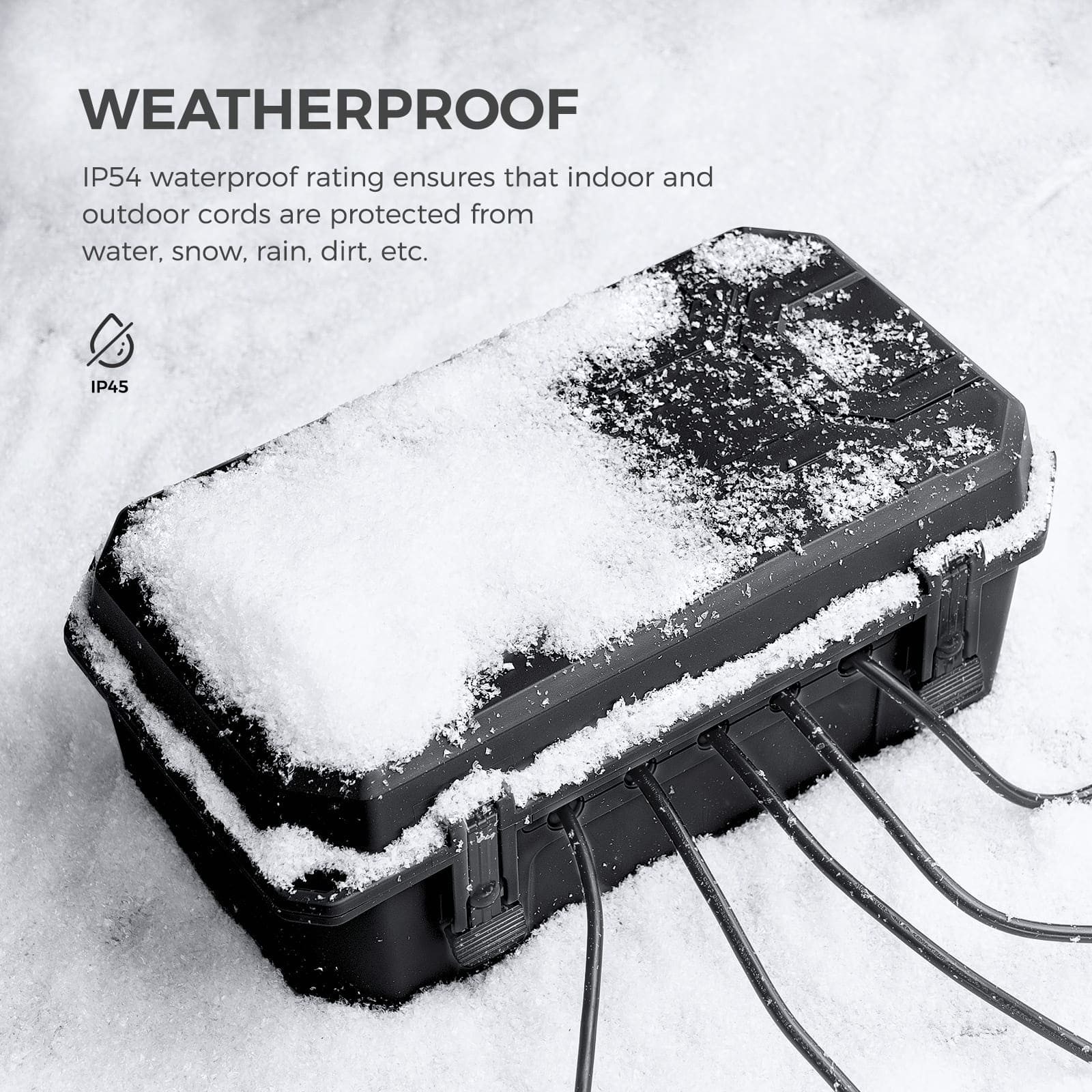 Accessory image for the WELKIN Outdoor Connection Box (R1106). A black box covered in snow, demonstrating its IP54 weatherproof rating and protection for outdoor cords from water, snow, rain, and dirt.