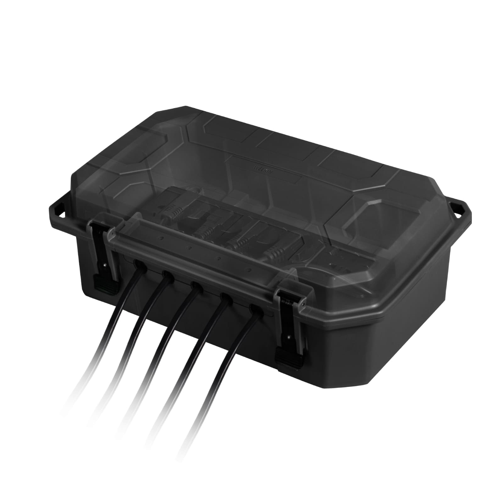 Feature image for the WELKIN Outdoor Connection Box (R1106). A black, weatherproof box protecting multiple electrical cord connections, suitable for outdoor power strips and larger connections.