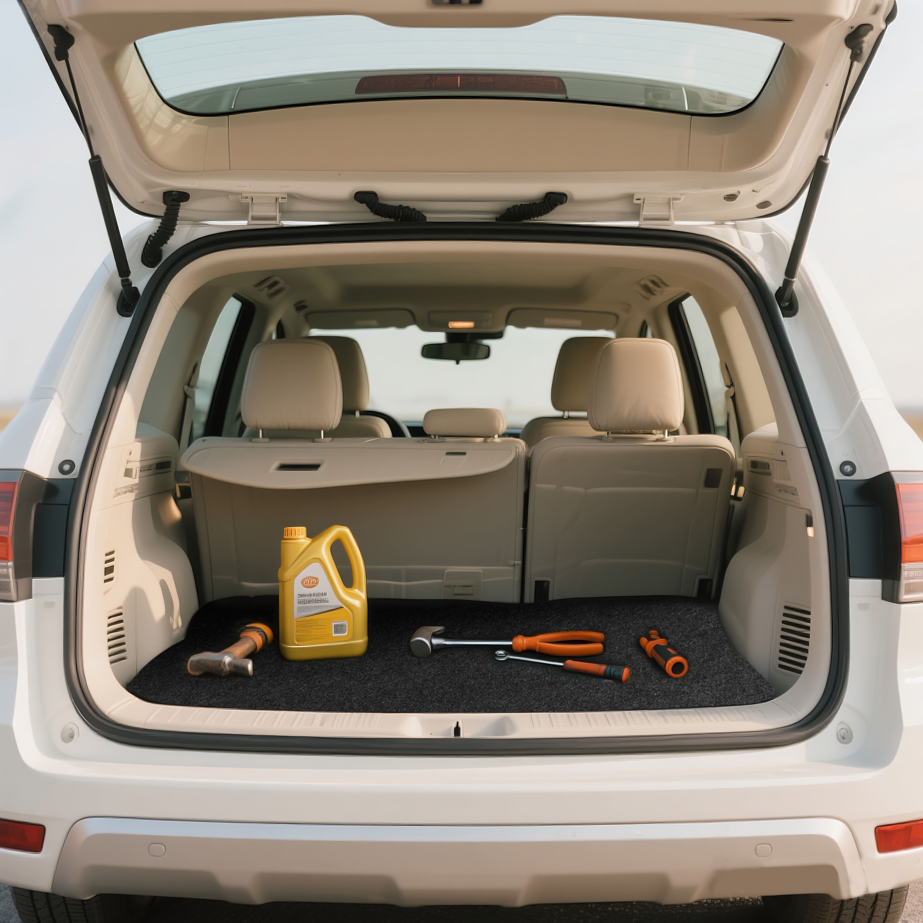 Accessory image for WELKIN Garage Floor Mat (A1204) showing the dark gray mat used as a protective liner in the trunk of a white SUV, with maintenance tools and an oil bottle placed on top.