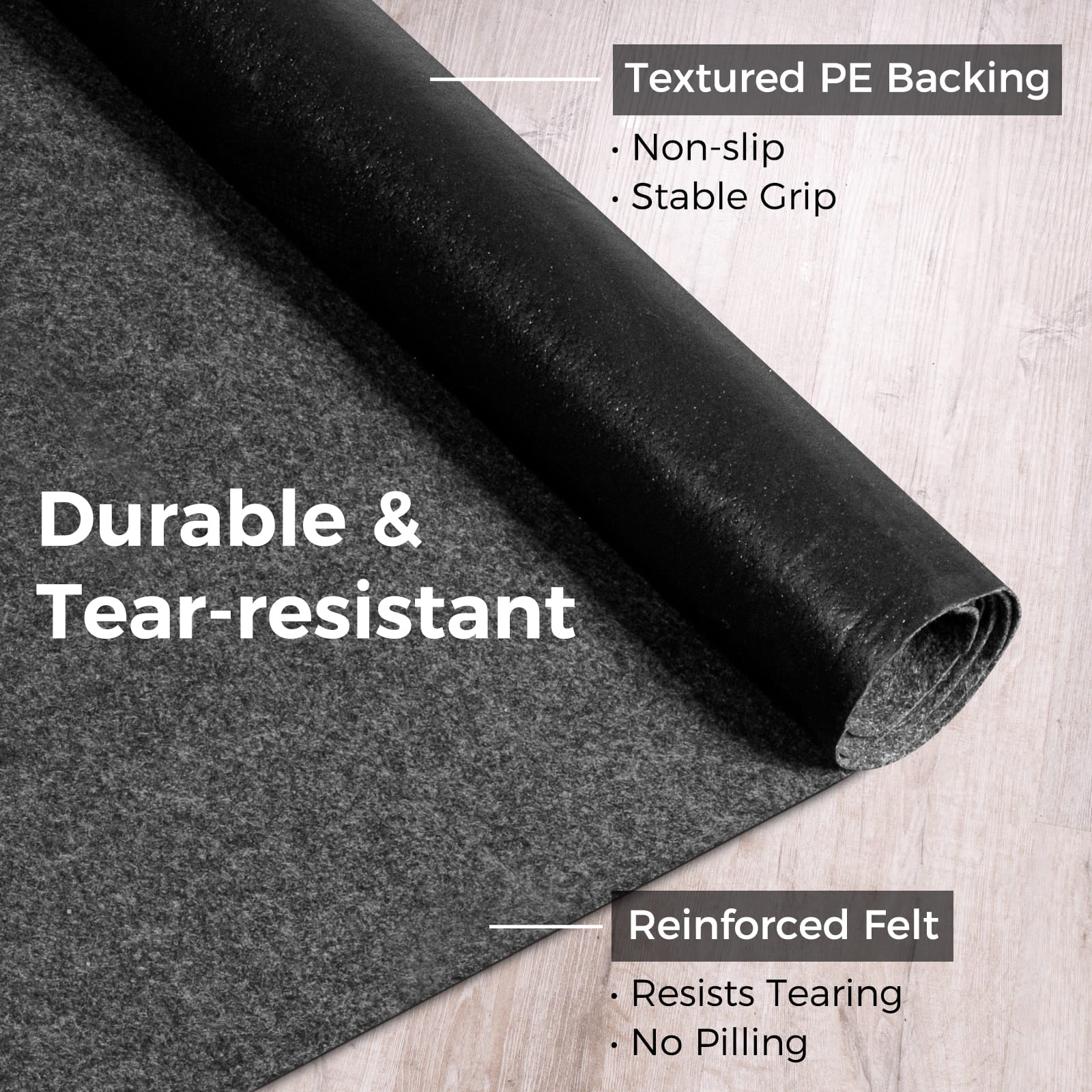 Accessory image for WELKIN Garage Floor Mat (A1204) highlighting its durable, tear-resistant construction. Shows the reinforced felt top and the textured PE backing for non-slip and stable grip.