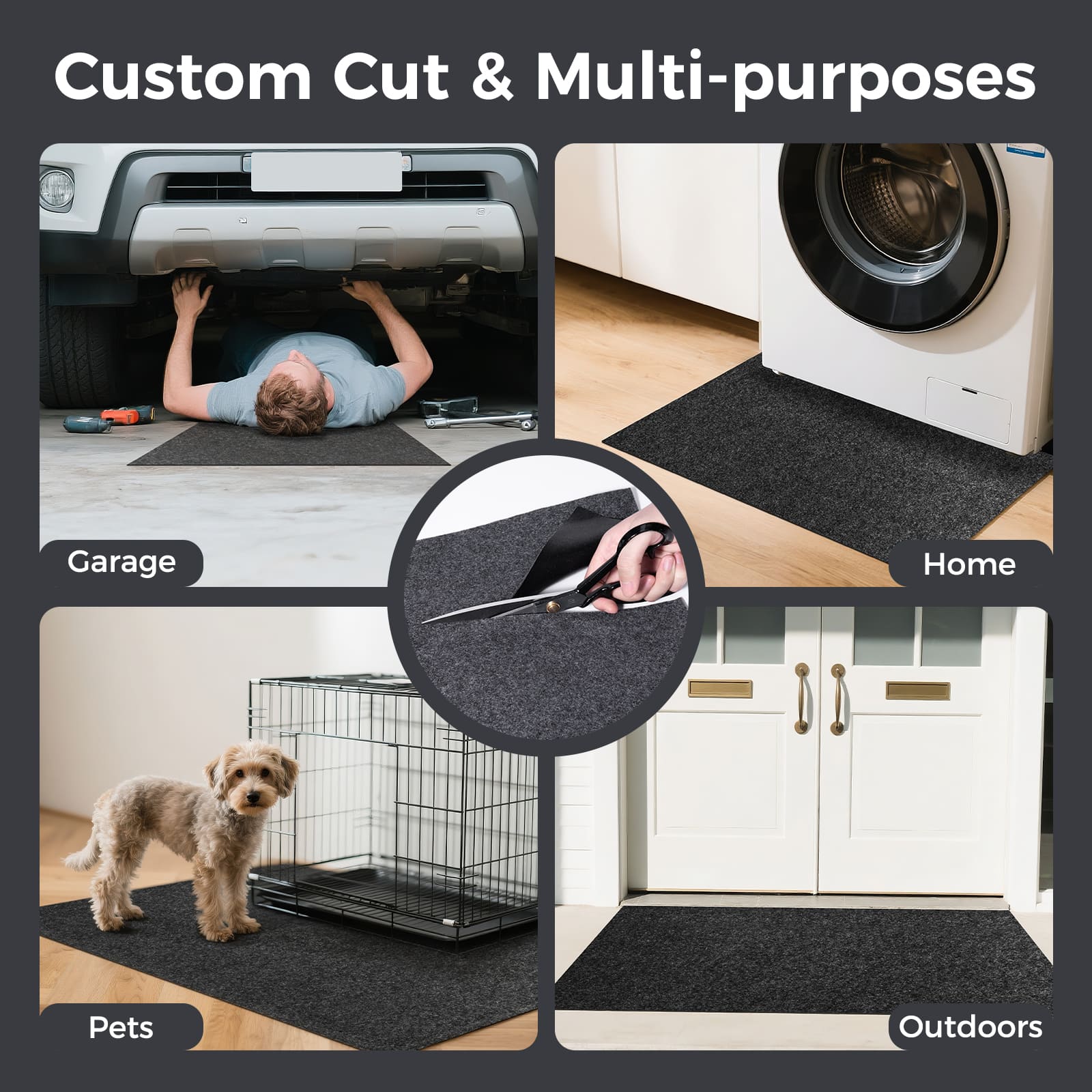 Accessory image for WELKIN Garage Floor Mat (A1204) highlighting its versatility: shown for car repair (Garage), under washing machine (Home), under a dog kennel (Pets), as an entryway mat (Outdoors), and featuring a close-up of custom cutting.