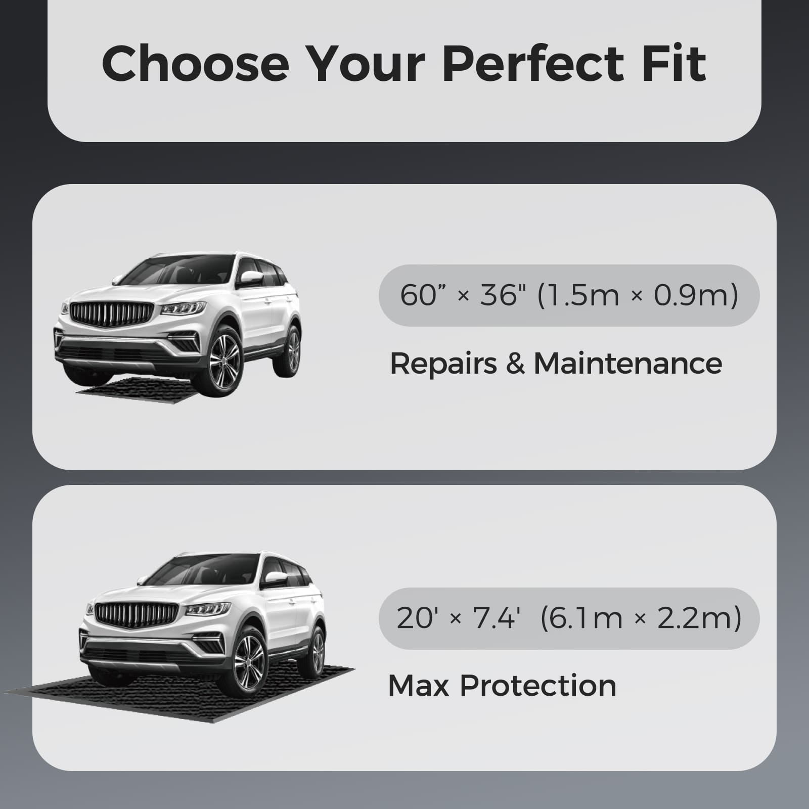 Accessory image for WELKIN Garage Floor Mat (A1204) showing two size options: the 60"x36" for 'Repairs & Maintenance' and the 20'x7.4' for 'Max Protection' parking, each with a car illustration.