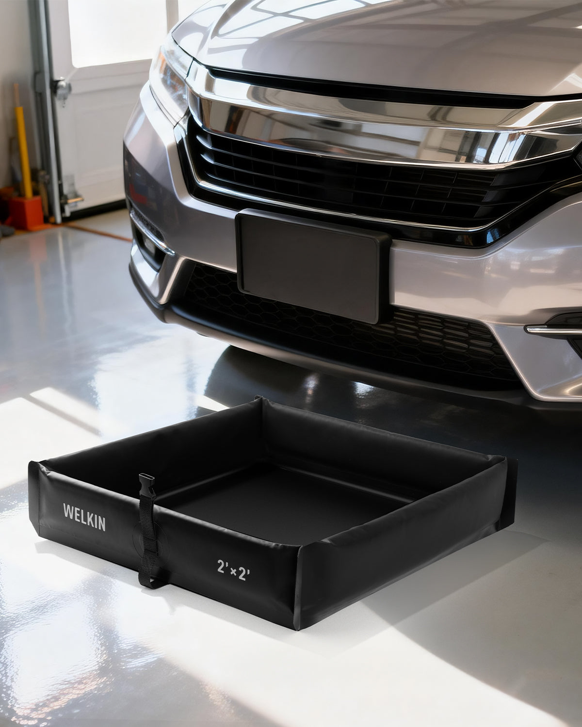 WELKIN A1401 spill containment berm on garage floor in front of vehicle for leak protection