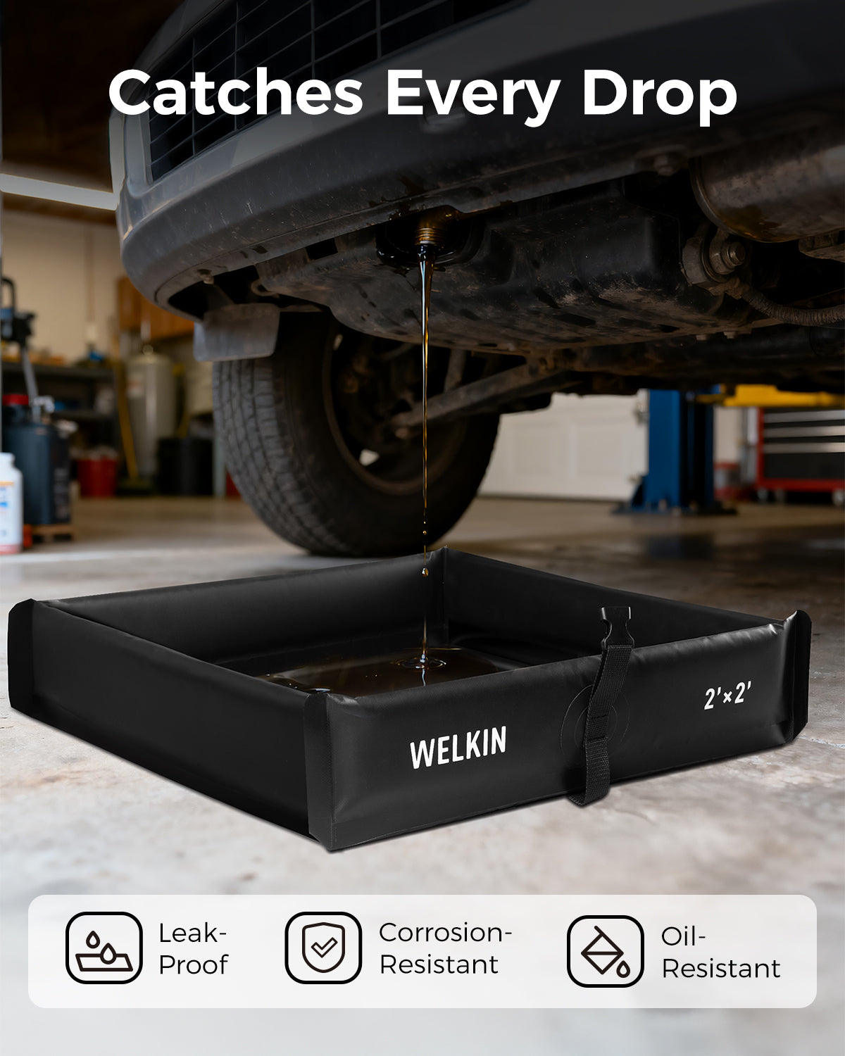 WELKIN A1401 berm catching engine oil drips under vehicle; leak-proof spill protection for garage