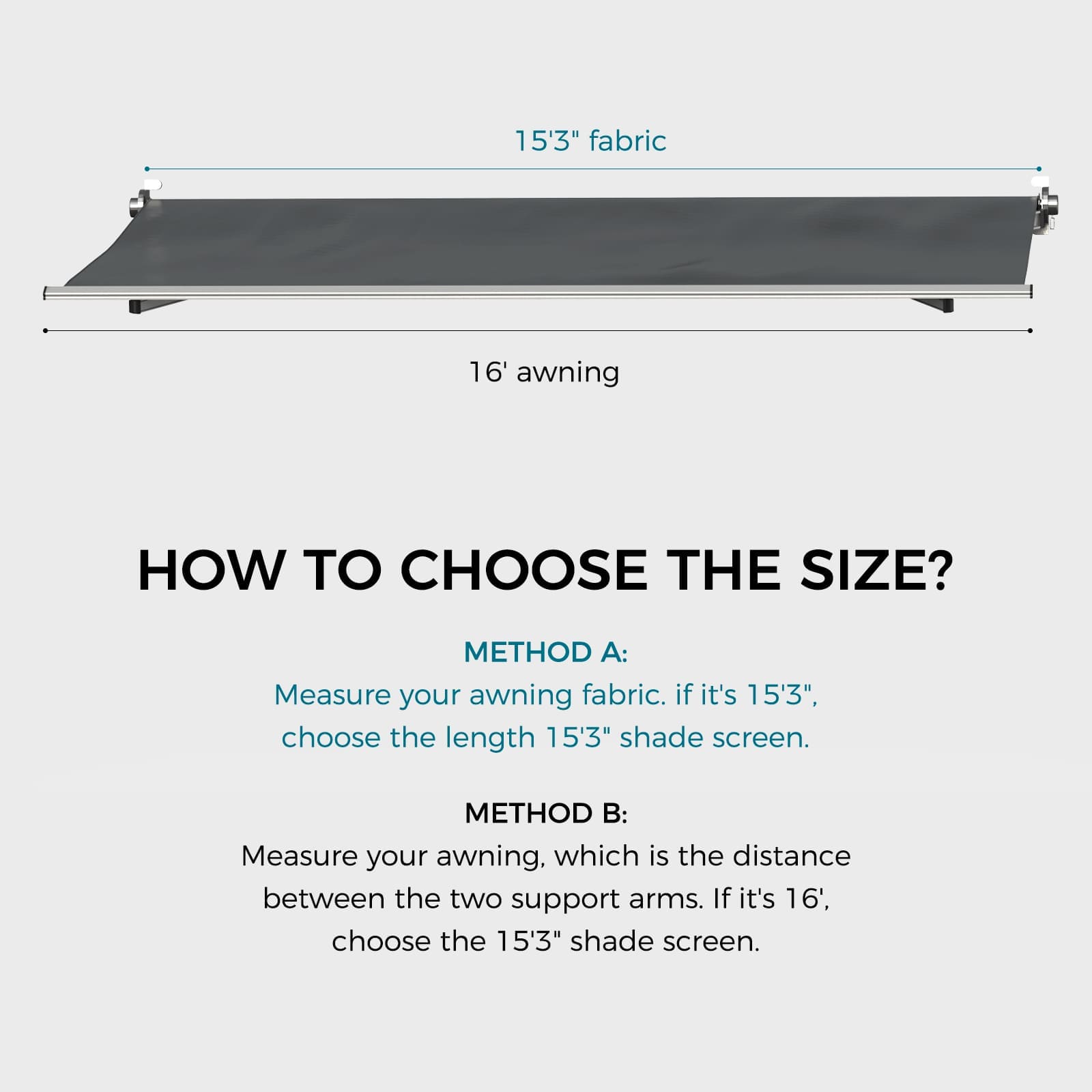 Main image for the WELKIN Front RV Awning Sun Shade Screen (A3101) providing instructions on 'HOW TO CHOOSE THE SIZE,' detailing Method A (Measure awning fabric 15'3") and Method B (Measure awning distance between support arms 16').