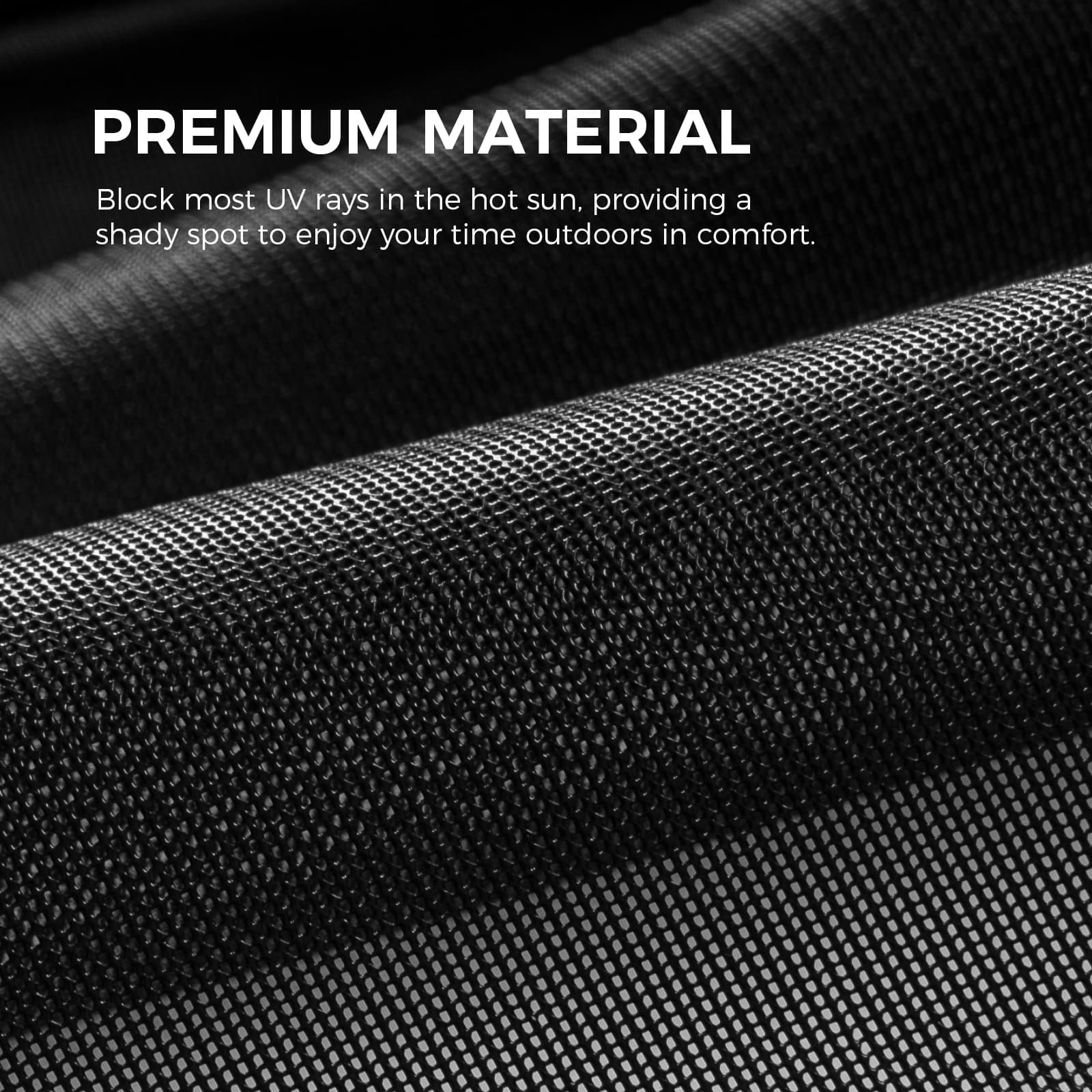 Main image for the WELKIN Front RV Awning Sun Shade Screen (A3101) showing a close-up detail of the 'PREMIUM MATERIAL' black mesh fabric, emphasizing its ability to 'Block most UV rays' for sun protection.