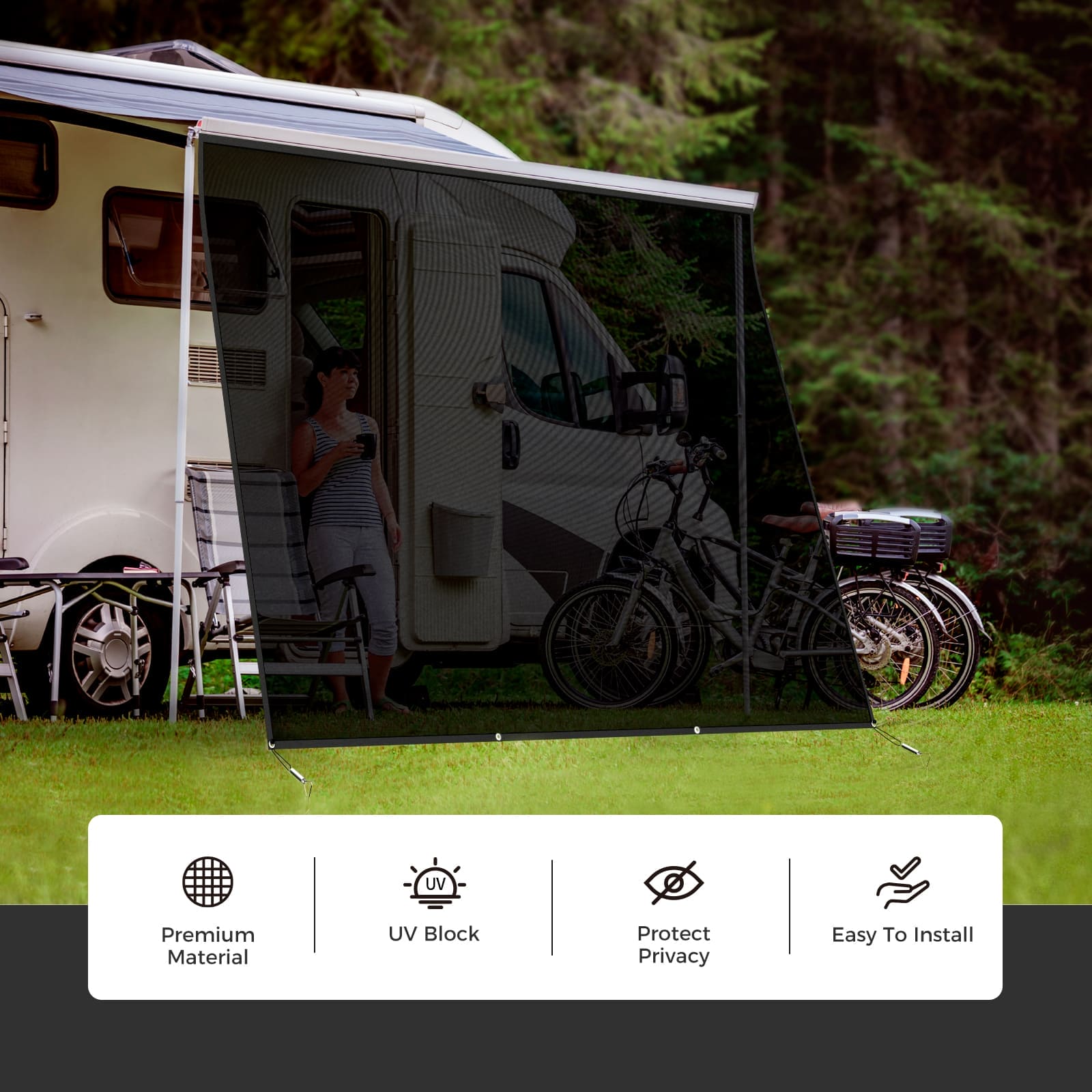 Accessory image for the WELKIN Side RV Awning (A3201) installed on an RV campsite, highlighting key features: Premium Material, UV Block, Protect Privacy, and Easy To Install.