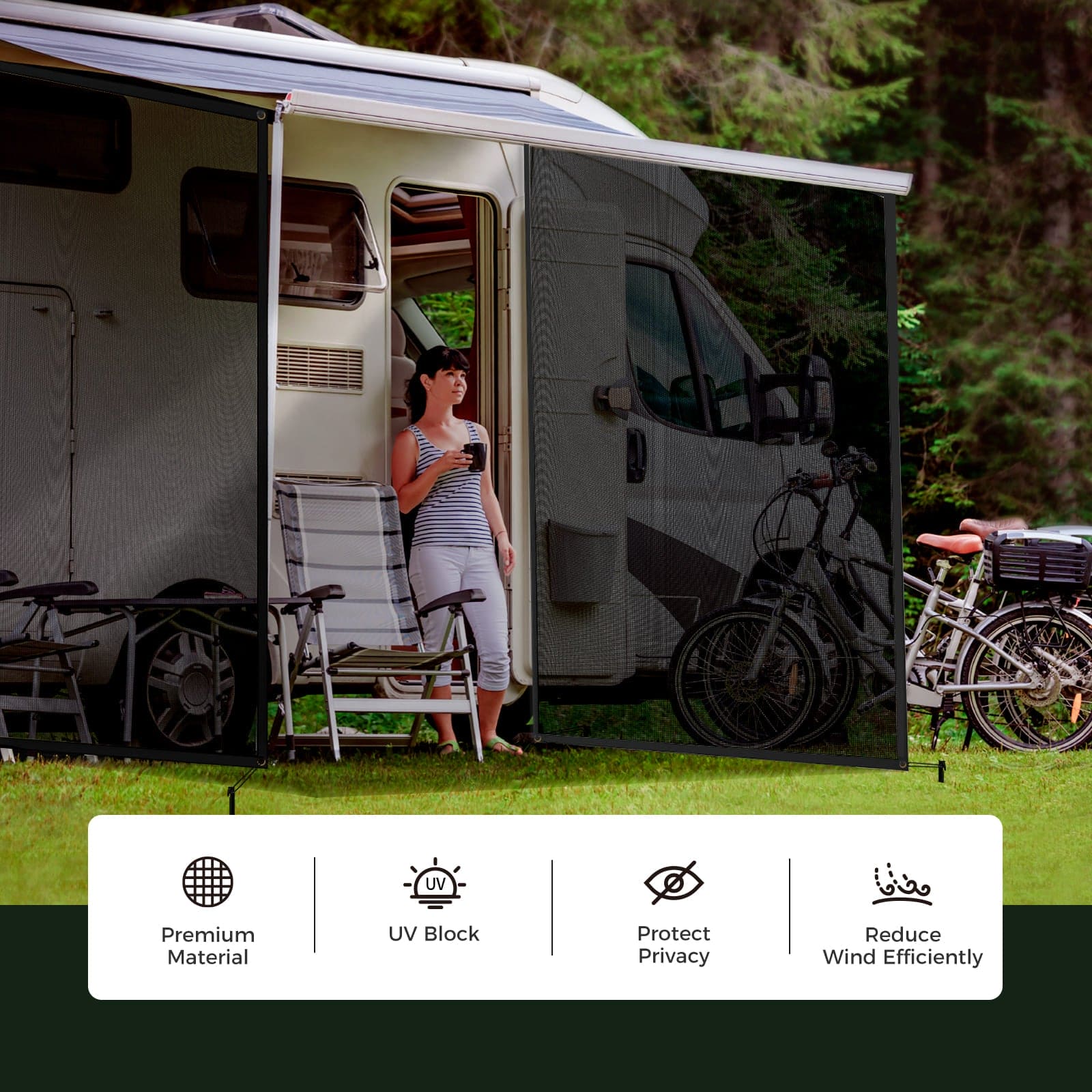 Accessory image for the WELKIN Side RV Awning (A3201) installed on an RV campsite, highlighting key benefits: Premium Material, UV Block, Protect Privacy, and Reduce Wind Efficiently.