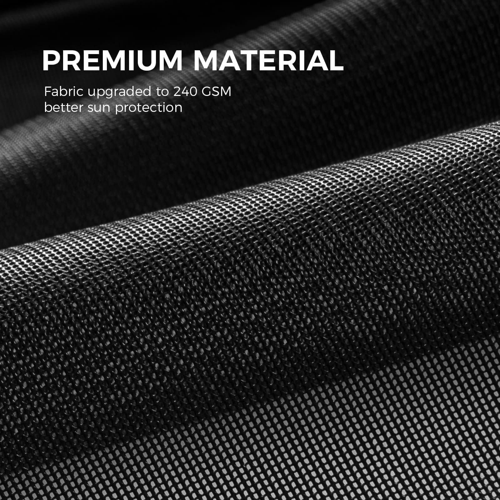 Accessory image for the WELKIN Side RV Awning (A3201) highlighting Premium Material, with fabric upgraded to 240 GSM for better sun protection.