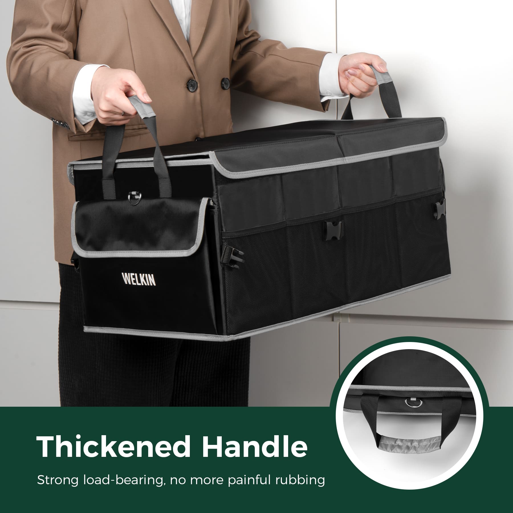 Accessory image for the WELKIN Car Trunk Organizer (A4101), showing a close-up of the durable, reinforced handle, emphasizing its heavy-duty carrying capacity.