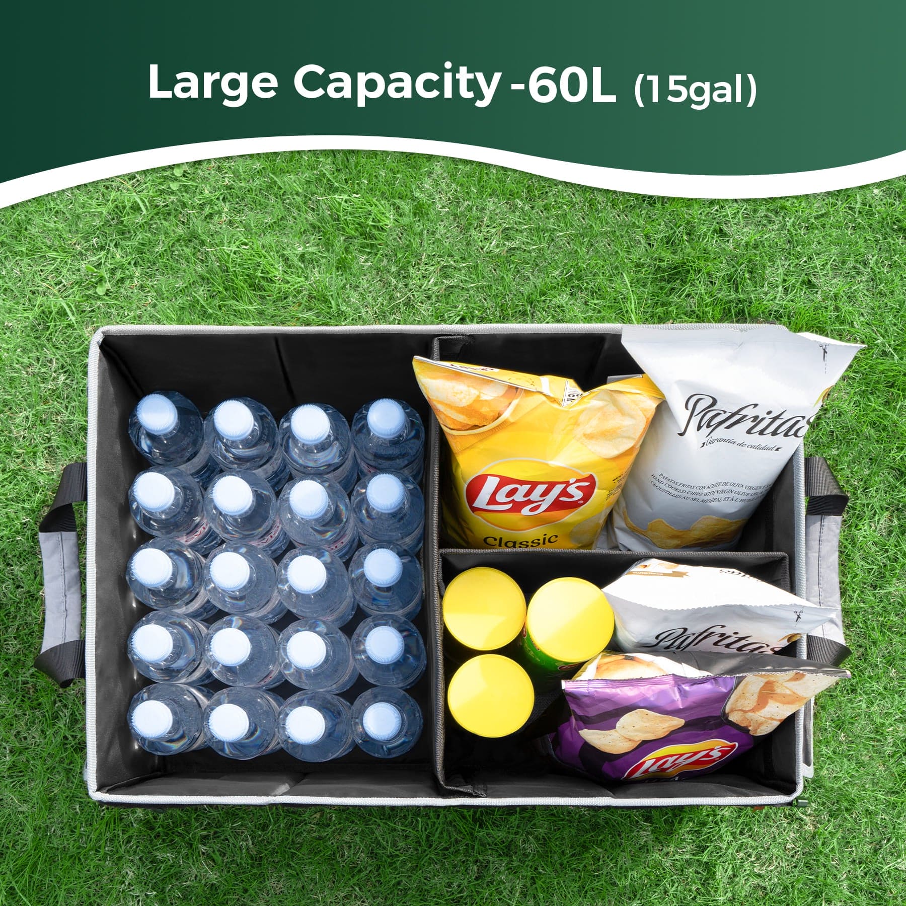 Accessory image for the WELKIN Car Trunk Organizer (A4101), showcasing its large capacity filled with items on a lawn, emphasizing its versatility for outdoor use and storage.