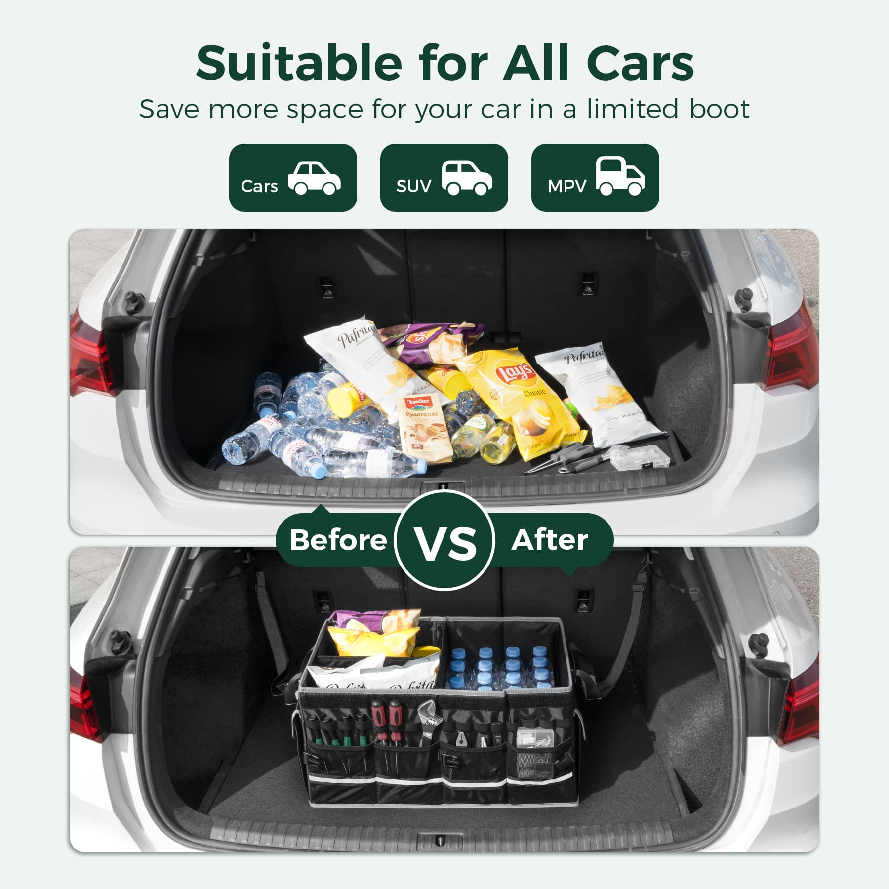 Accessory image for the WELKIN Car Trunk Organizer (A4101), showing the product in use, fully organizing and securing items inside a vehicle's trunk.