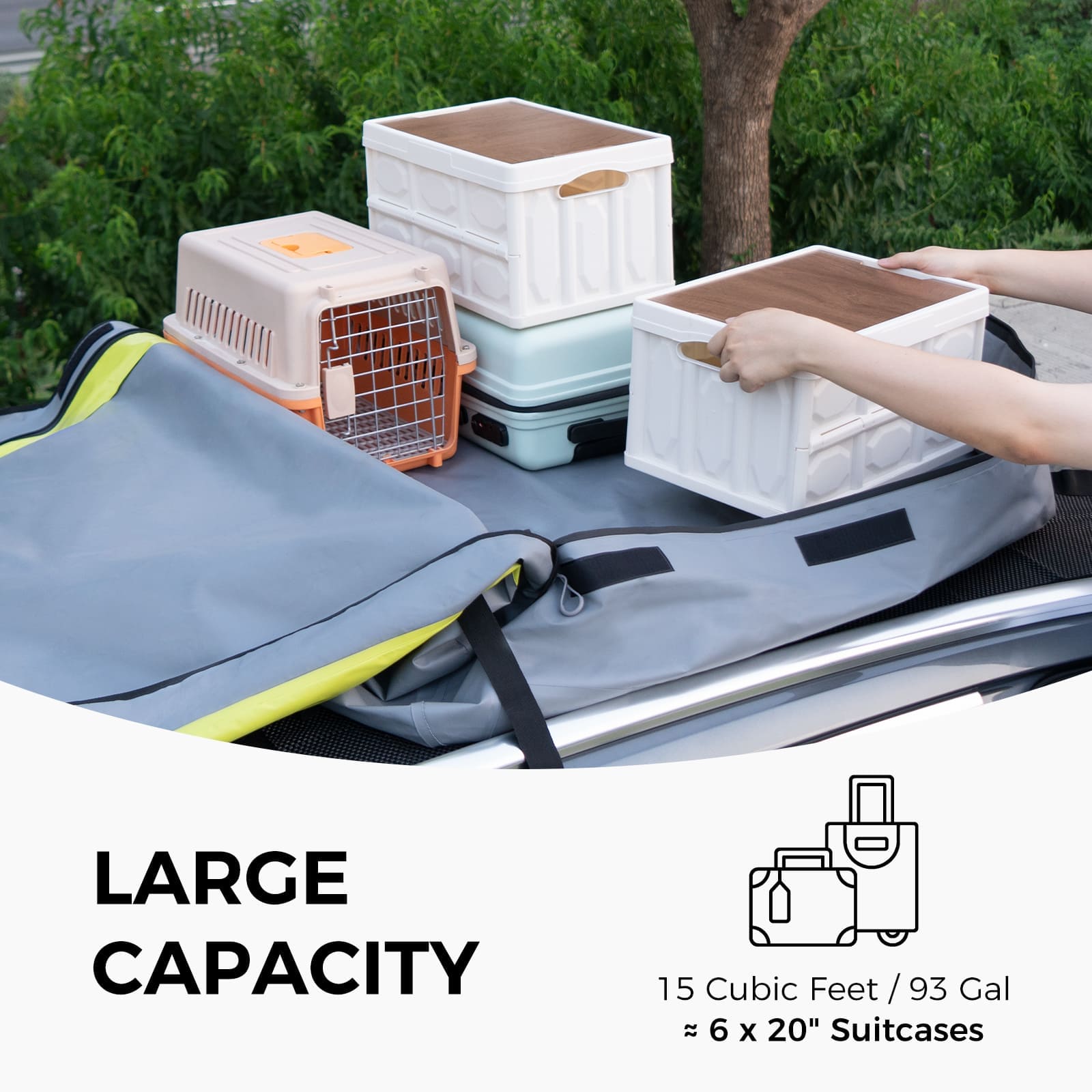 Accessory image for the WELKIN Car Roof Bag (A4201) highlighting its large capacity of 15 cubic feet or 93 gallons, enough to hold approximately 6x 20 inch suitcases.