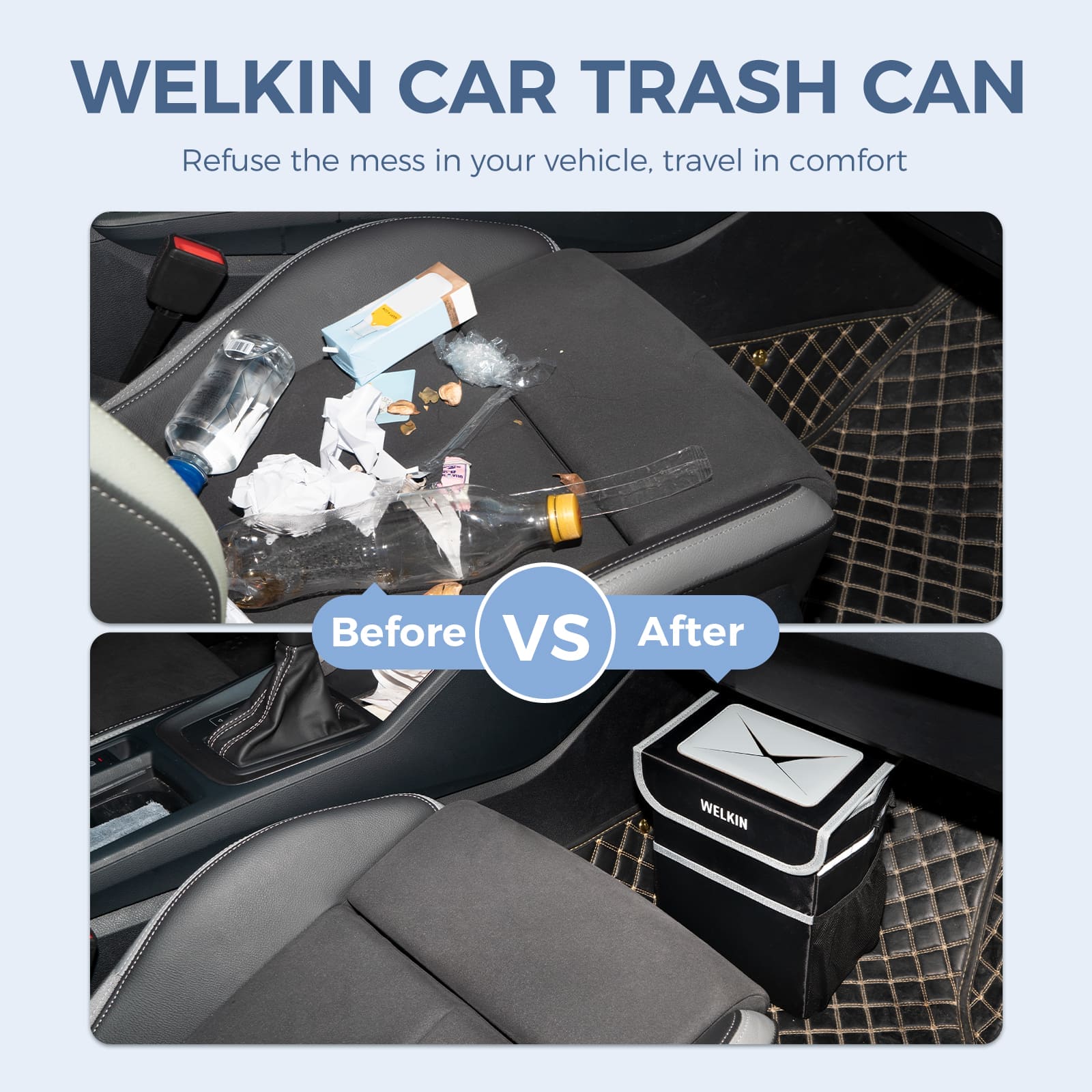 Accessory image for the WELKIN Car Trash Can (A4301) showing a Before VS After visual comparison, highlighting how the product eliminates mess for a clean and comfortable car interior.