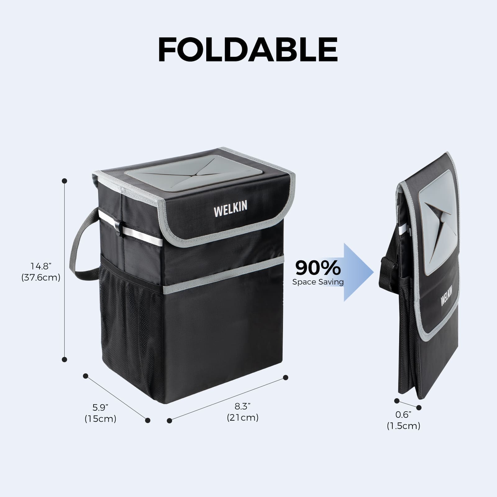Accessory image for the WELKIN Trash Can (A4301) showing its dimensions and Foldable feature, demonstrating a 90% space saving when folded down to 0.6in (1.5cm).